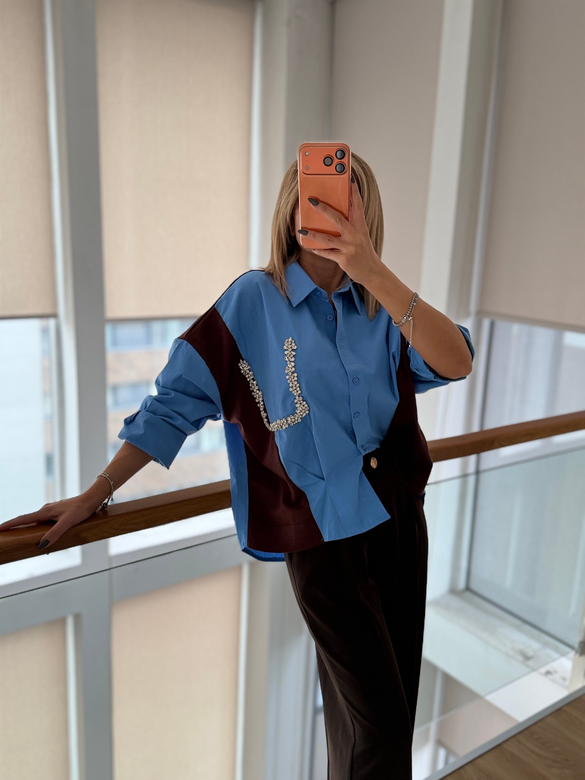 Taş Detaylı Premium Gömlek&Triko Mavi&Kahve