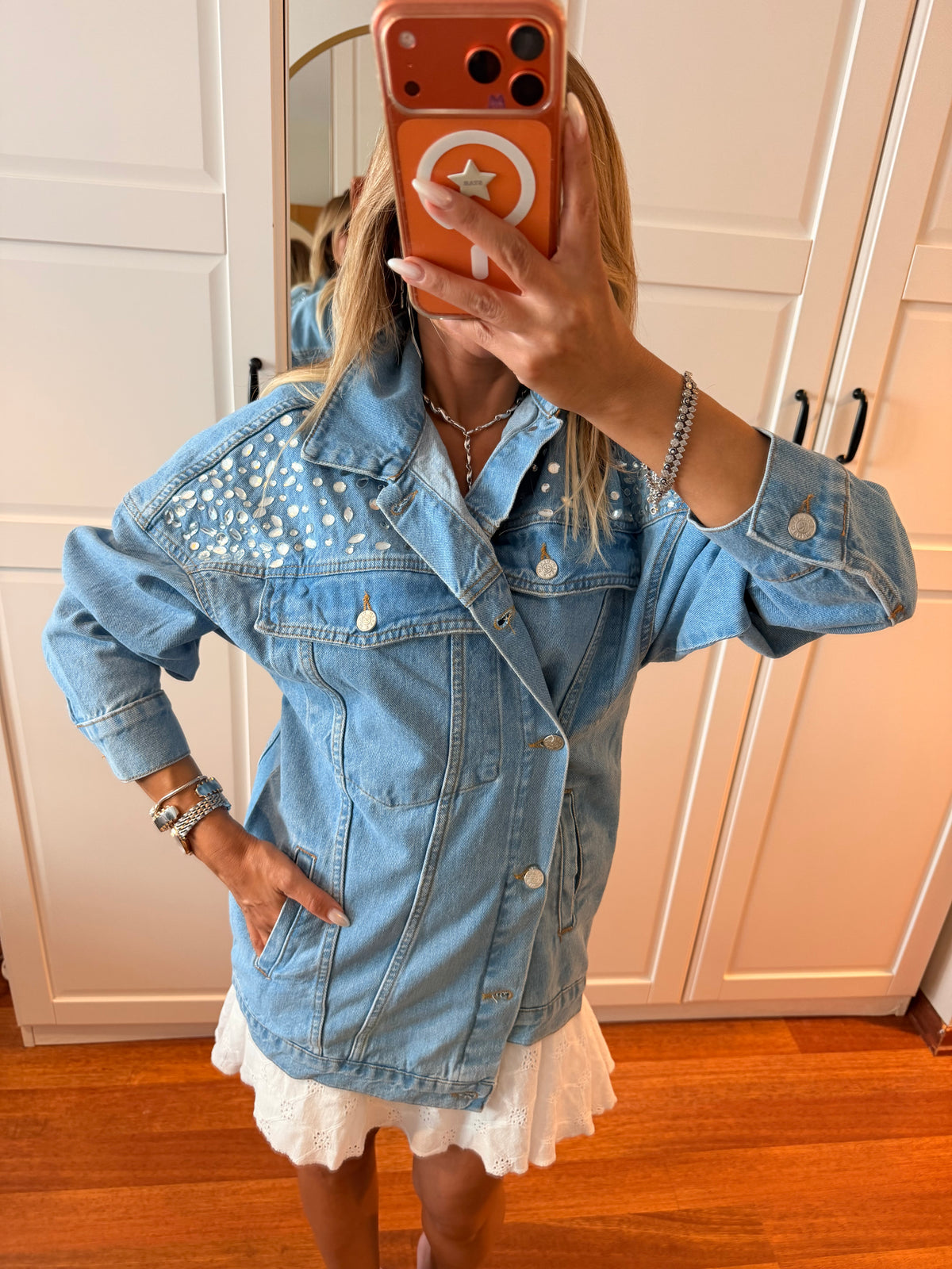 Oversize Premium Taş İşleme Jean Ceket