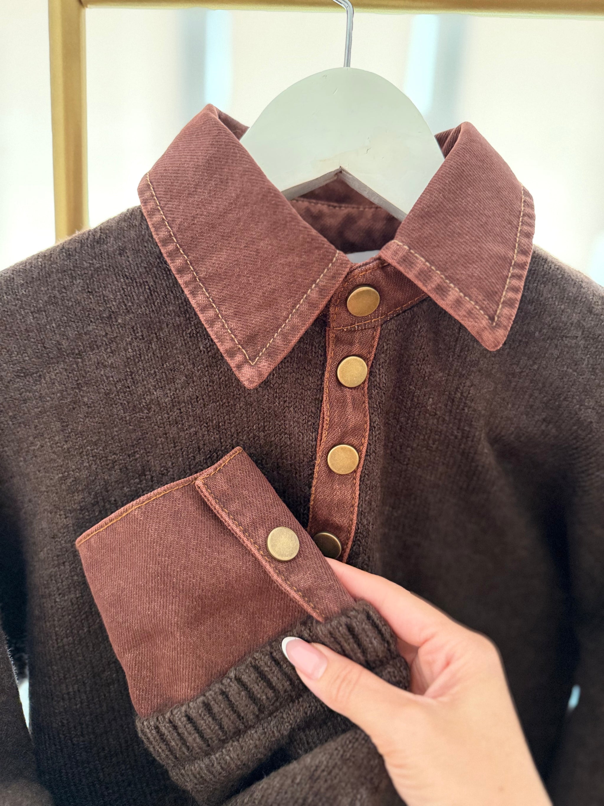 Denim Yaka&Kol Acı Kahve Triko Kazak