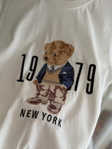 New York Bear İşlemeli Beyaz Unisex T-shirt