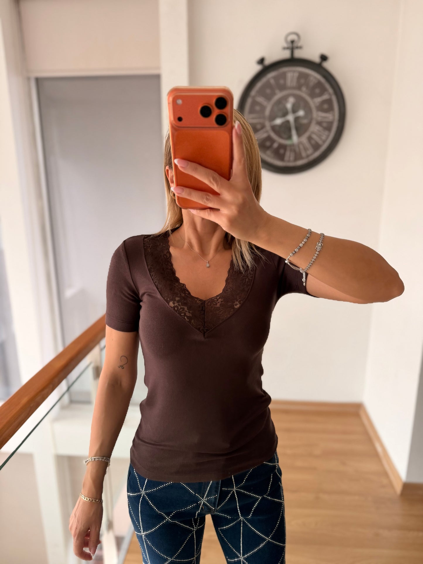 Acı Kahve V Dantel Yaka Tshirt