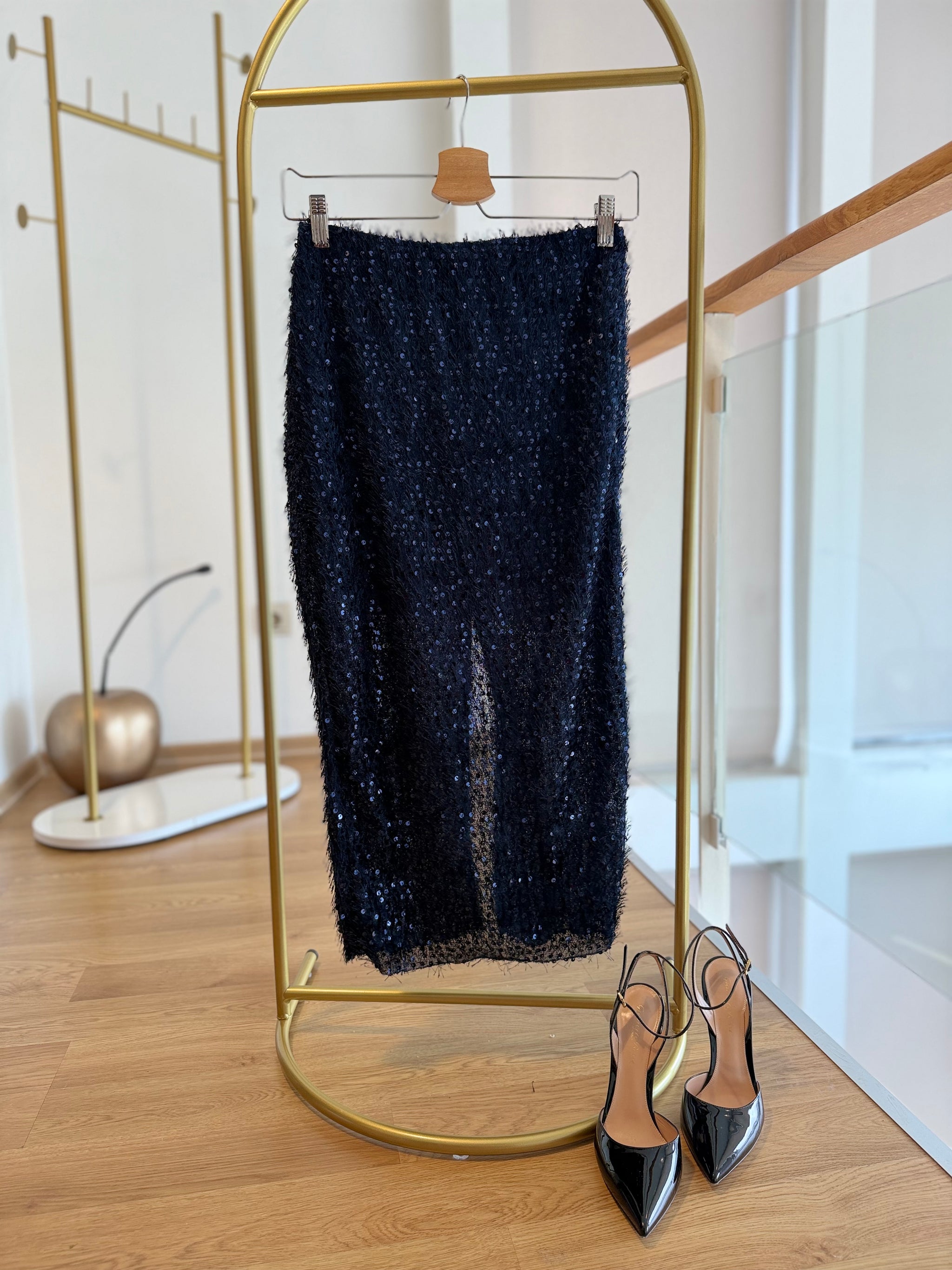 Payetli Uzun Yırtmaçlı Dar Lacivert Etek