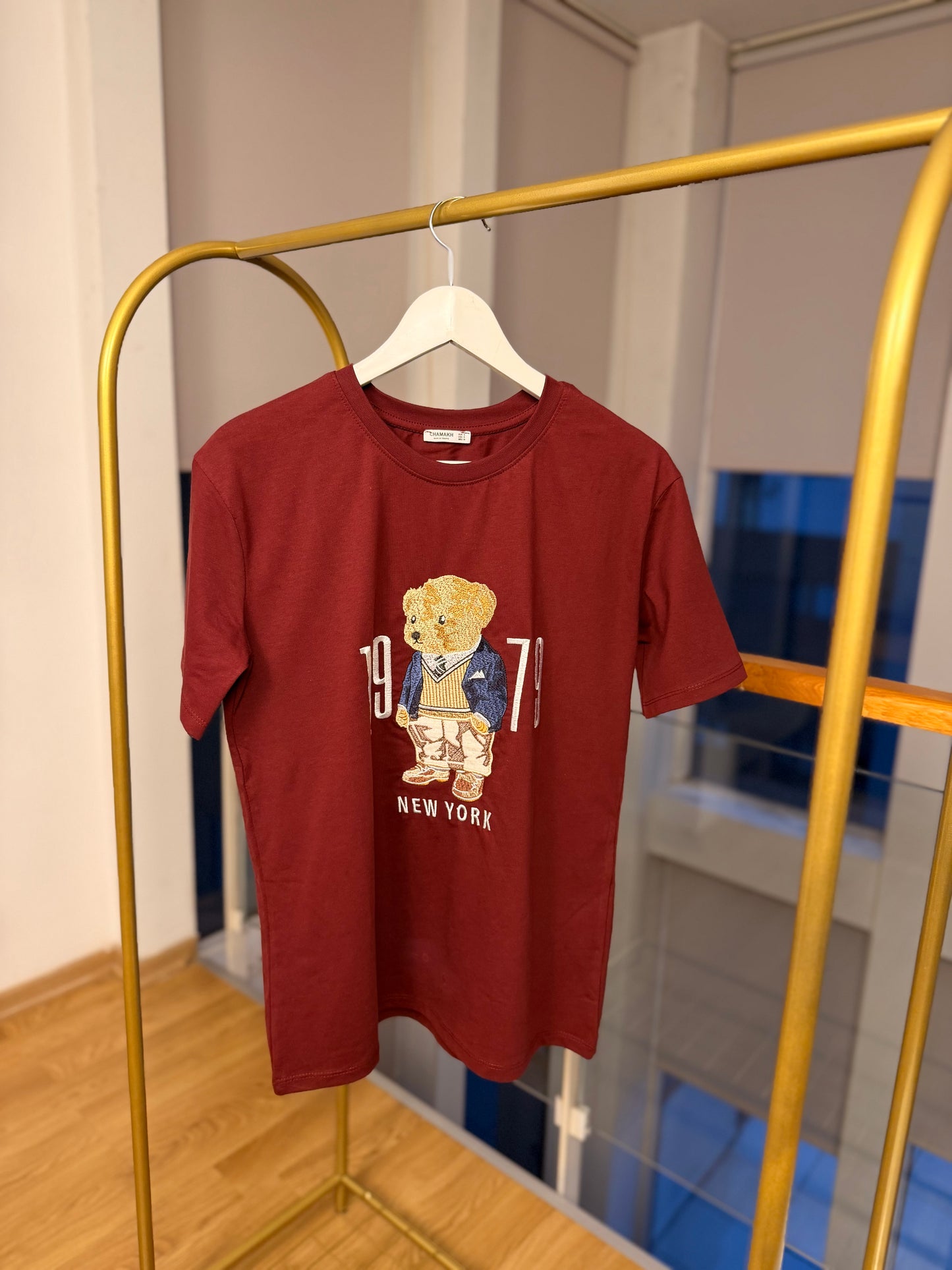 New York Bear İşlemeli Bordo Unisex T-shirt