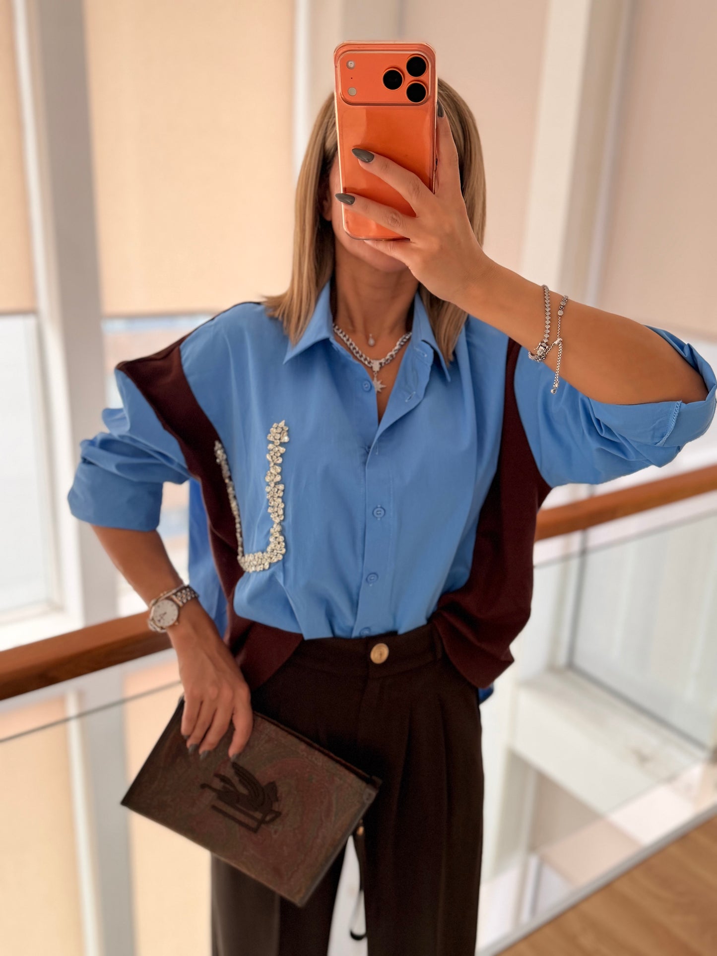 Taş Detaylı Premium Gömlek&Triko Mavi&Kahve