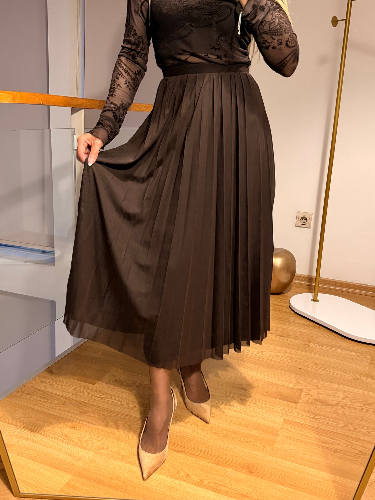 Acı Kahve Şifon Tül Uzun Pileli Etek