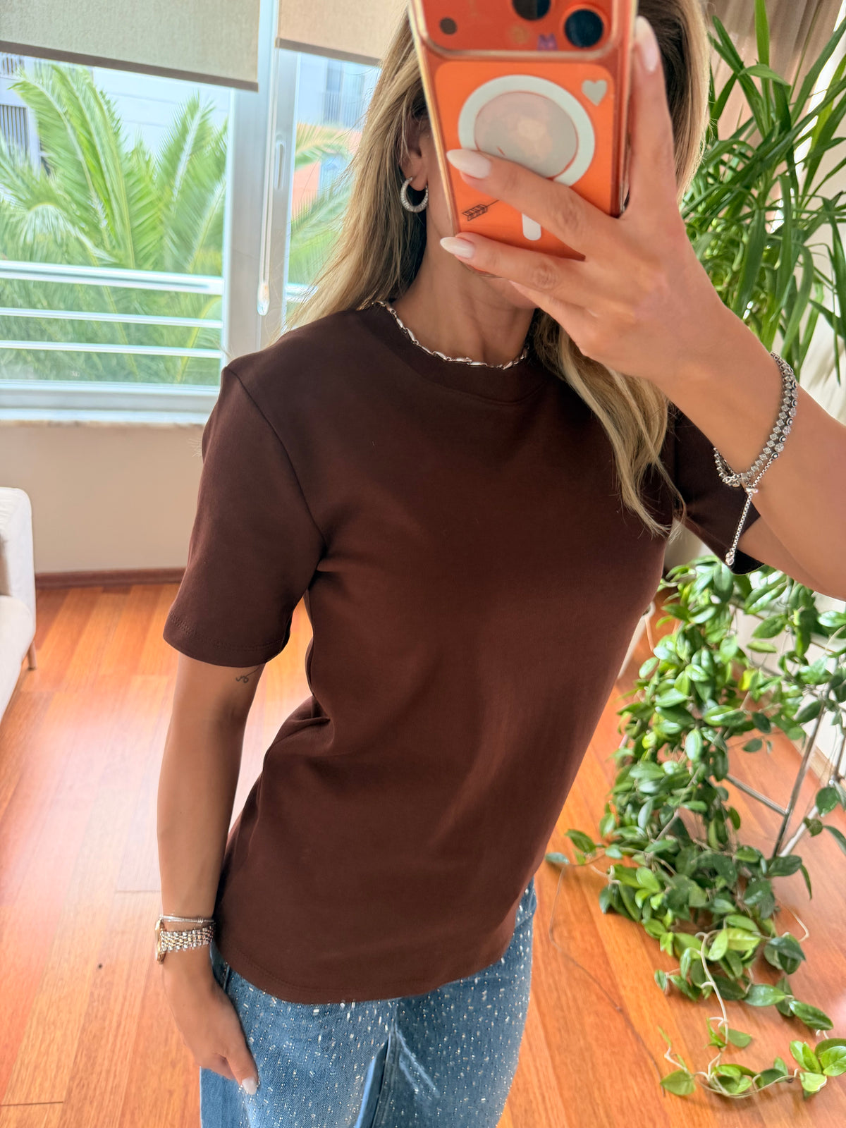 Basic Bisiklet Yaka %100 Pamuk Acı Kahve Tshirt