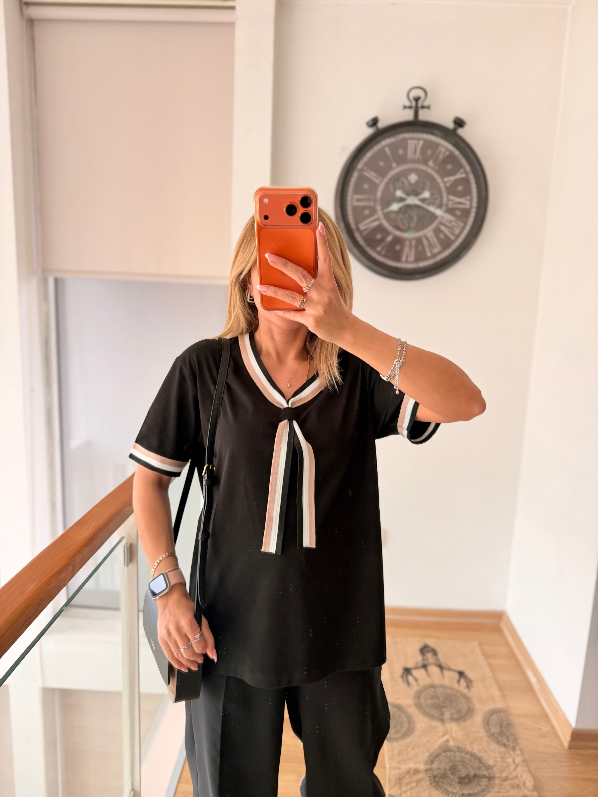 Örme Denizci Yaka Siyah %100 Cotton Tshirt