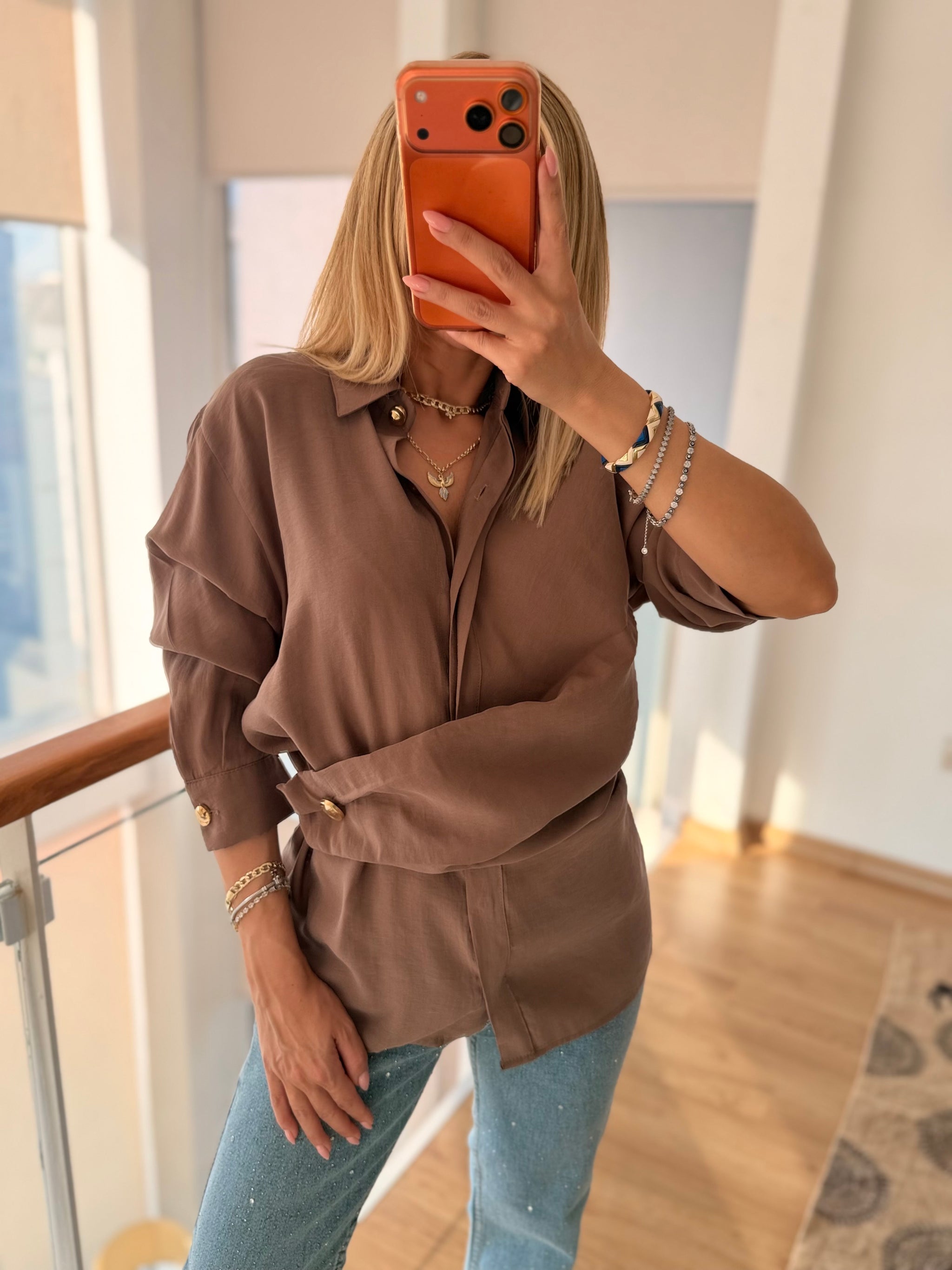 Gold Detaylı Premium Pamuklu Tencel Pastel Kahve Gömlek