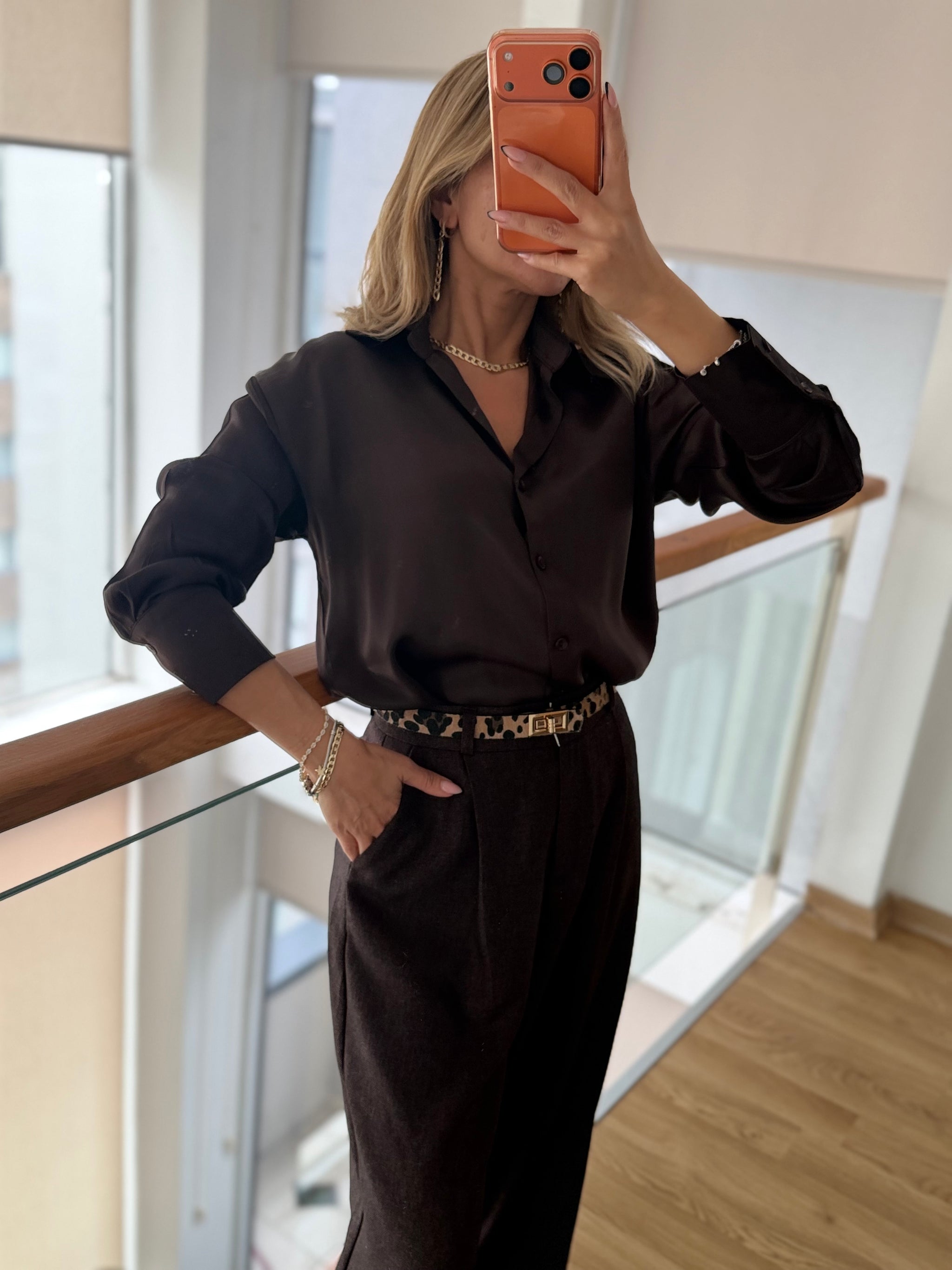 Acı Kahve Dökümlü Pamuk Saten Gömlek