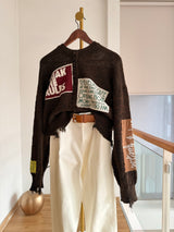 Slogan Jakarlı Patch'li Acı Kahve Tasarım Triko