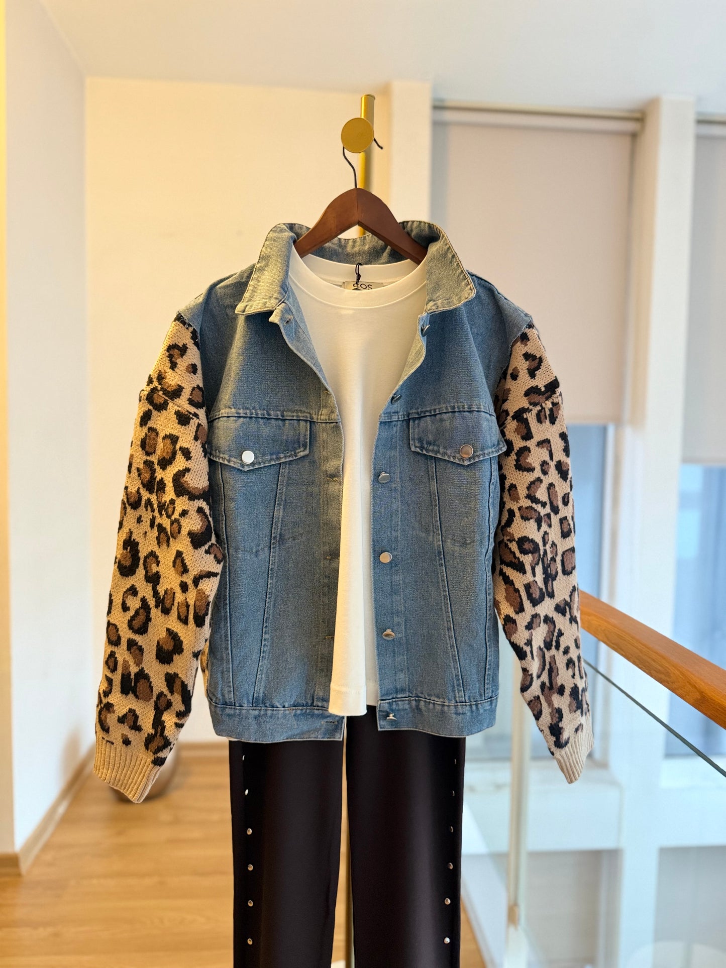 Denim Leopar Kadın Triko Hırka