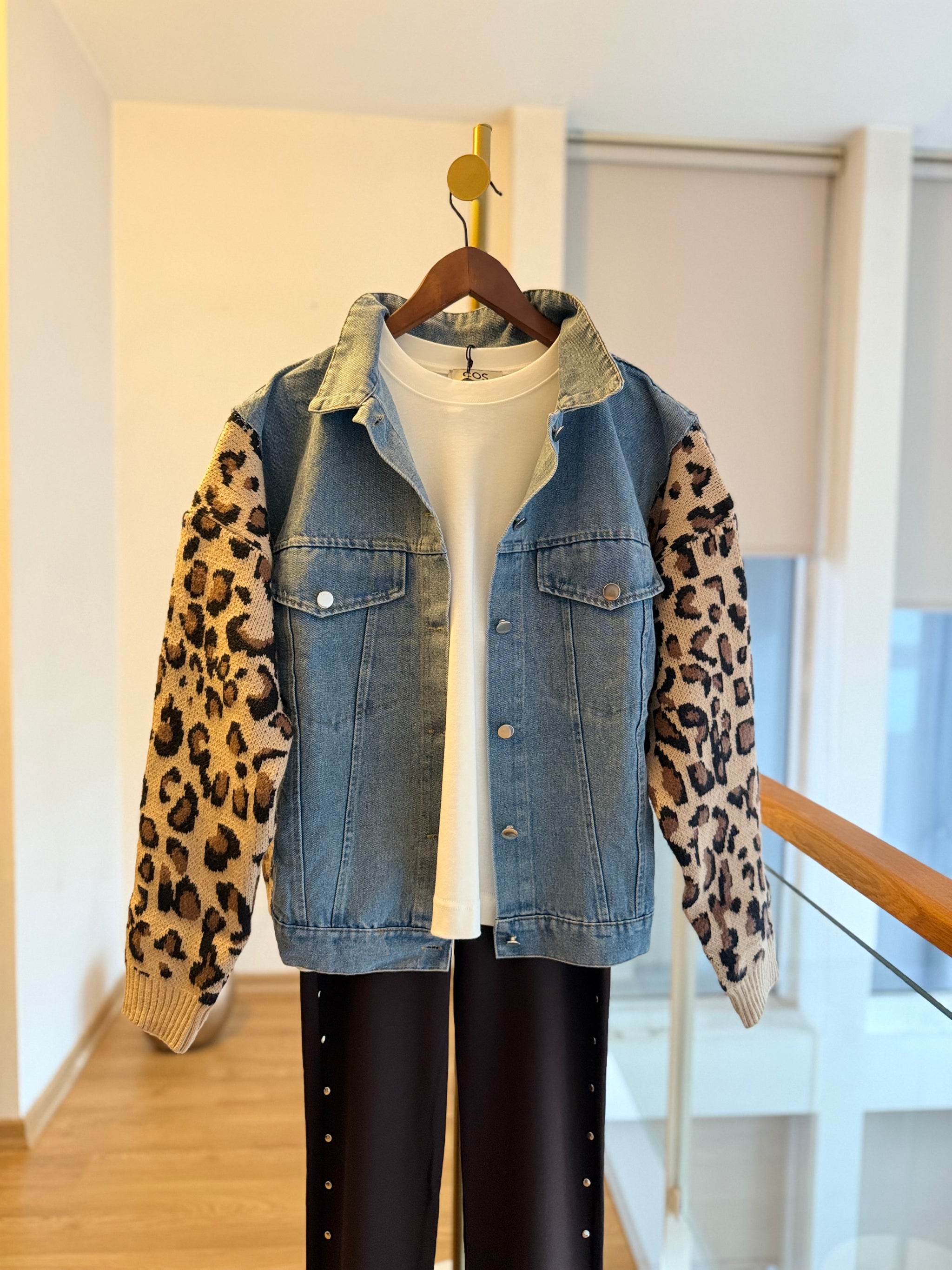 Denim Leopar Kadın Triko Hırka