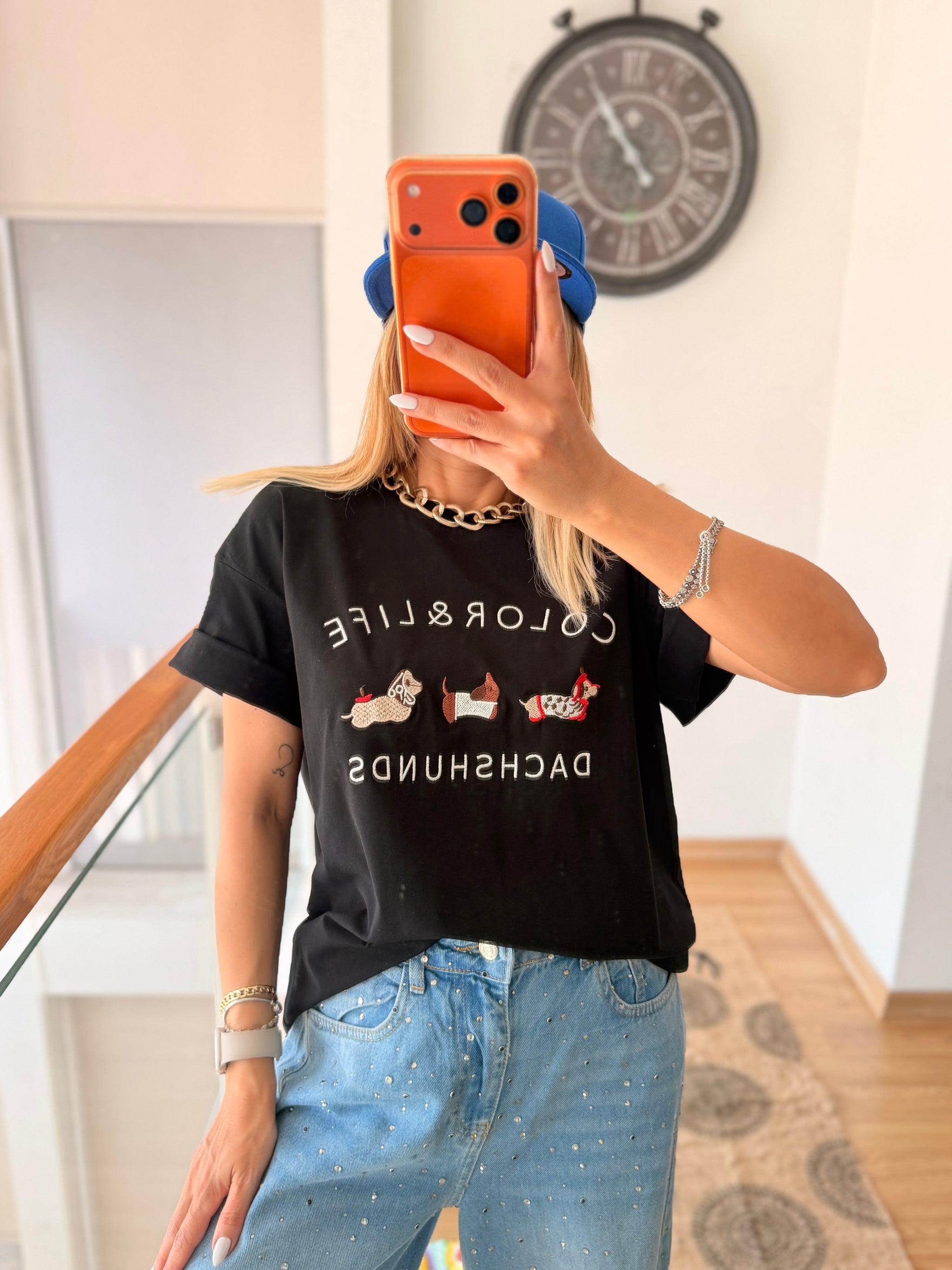 Köpek Figürlü Siyah Oversize Tshirt Color&Life