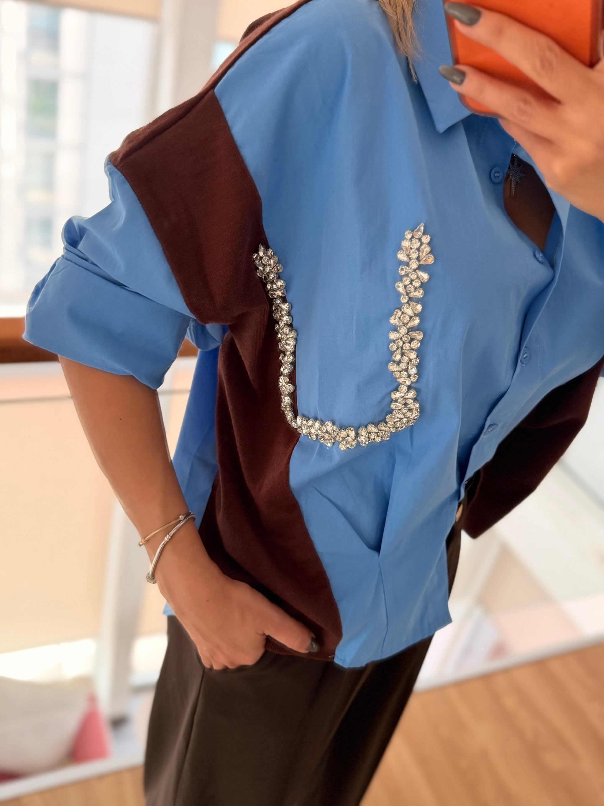 Taş Detaylı Premium Gömlek&Triko Mavi&Kahve