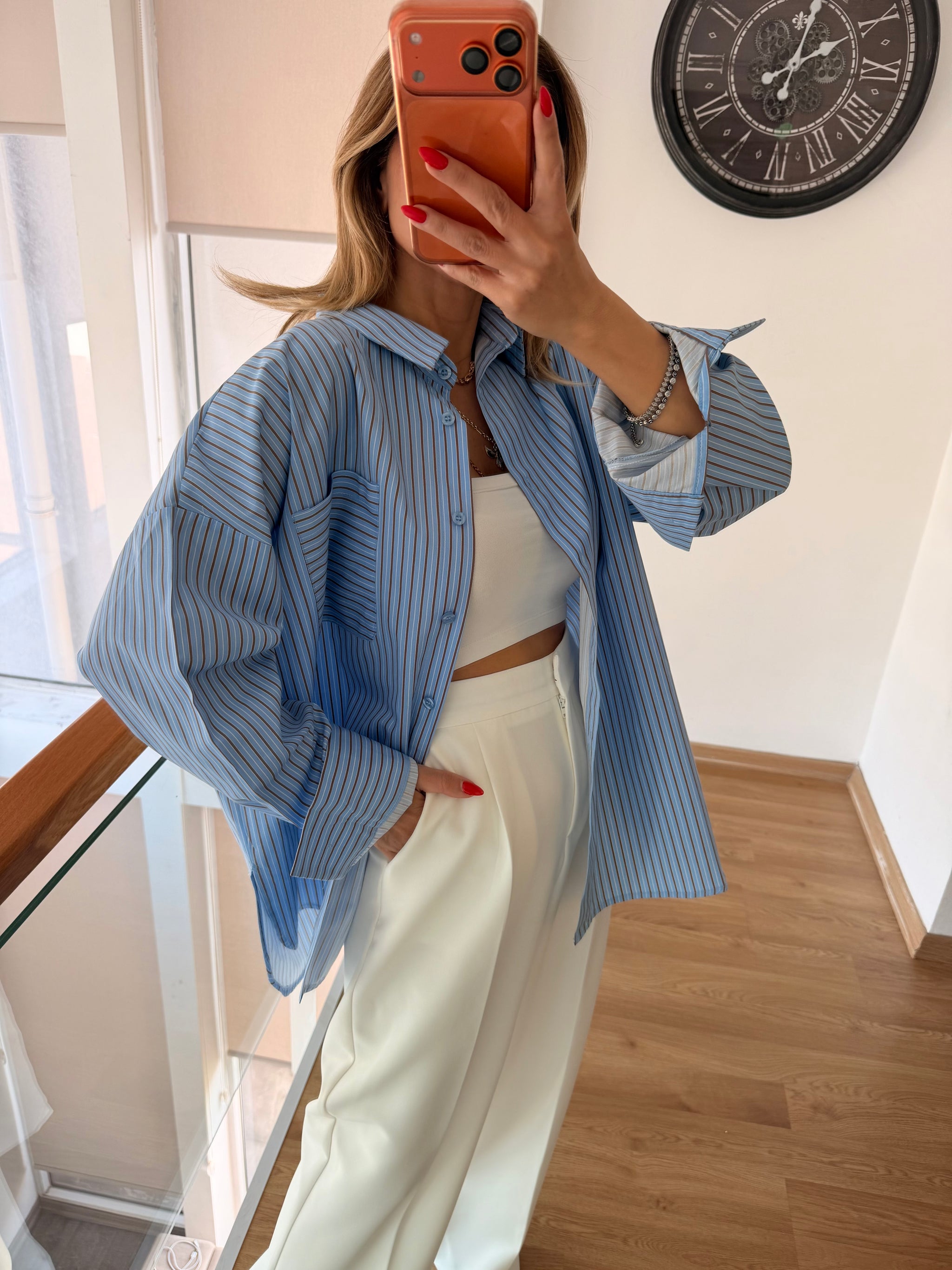 Mavi Çizgili Oversize Gömlek