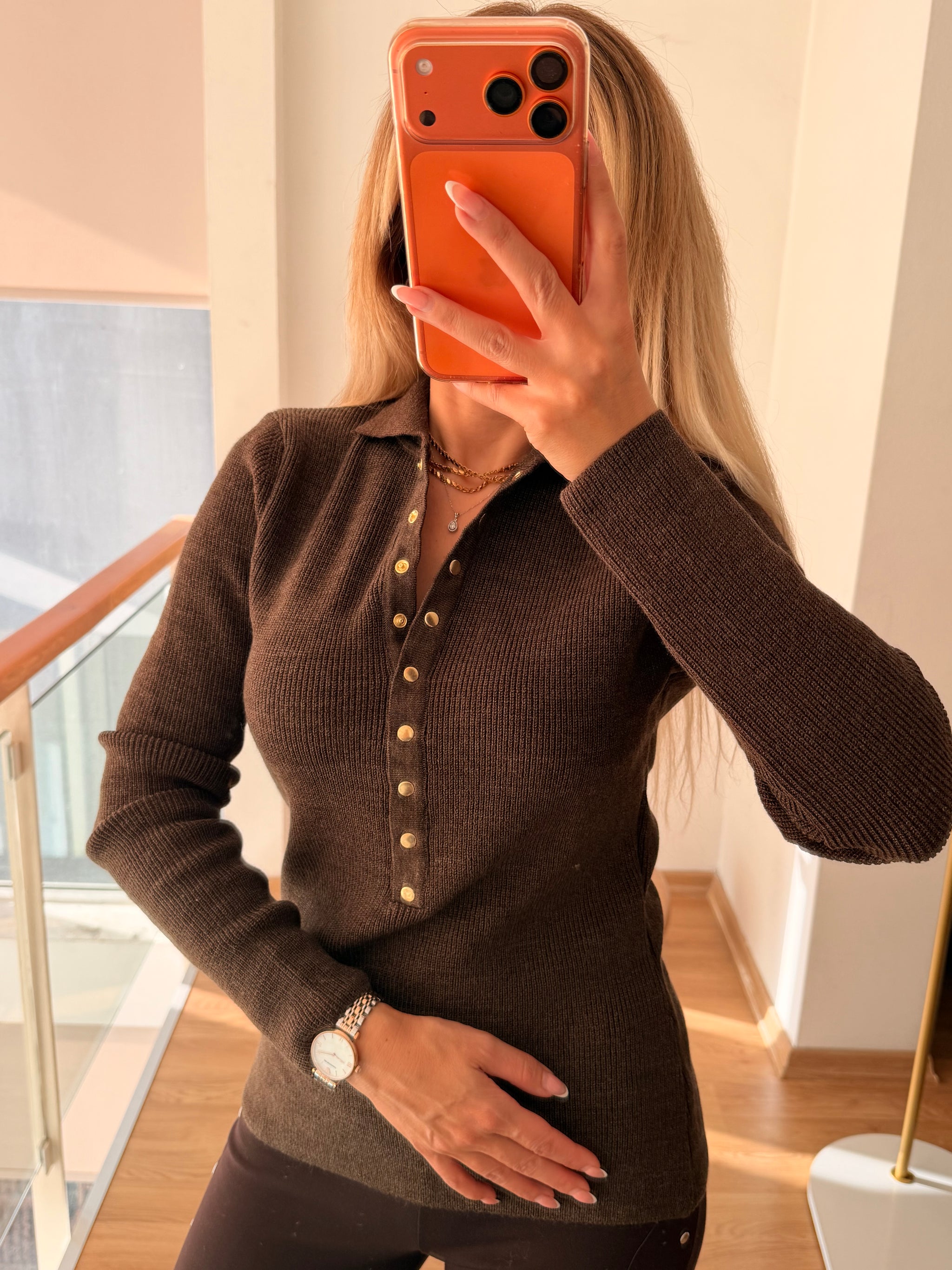 Acı Kahve Gold Düğmeli Triko