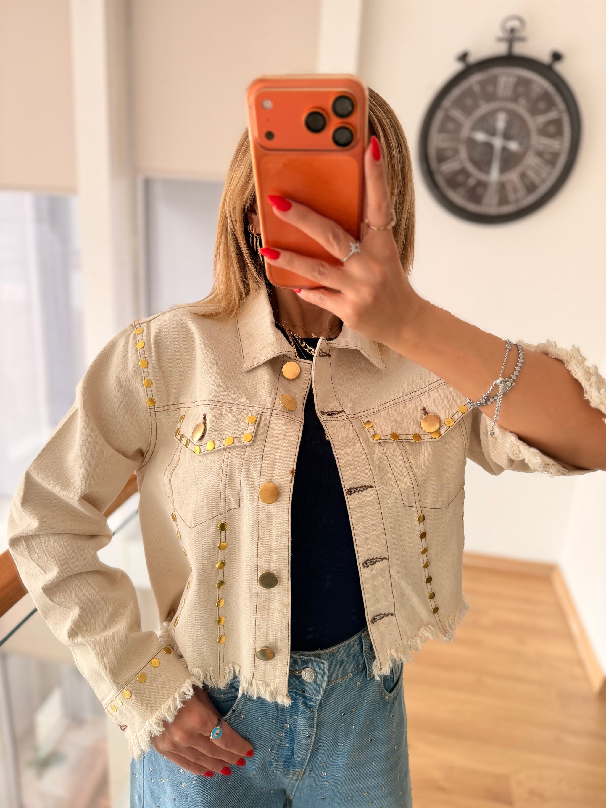 Premium Kısa Jean Ceket Kum Beji
