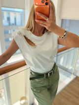 Taş Dekolte Detaylı Beyaz Bluz&Tshirt
