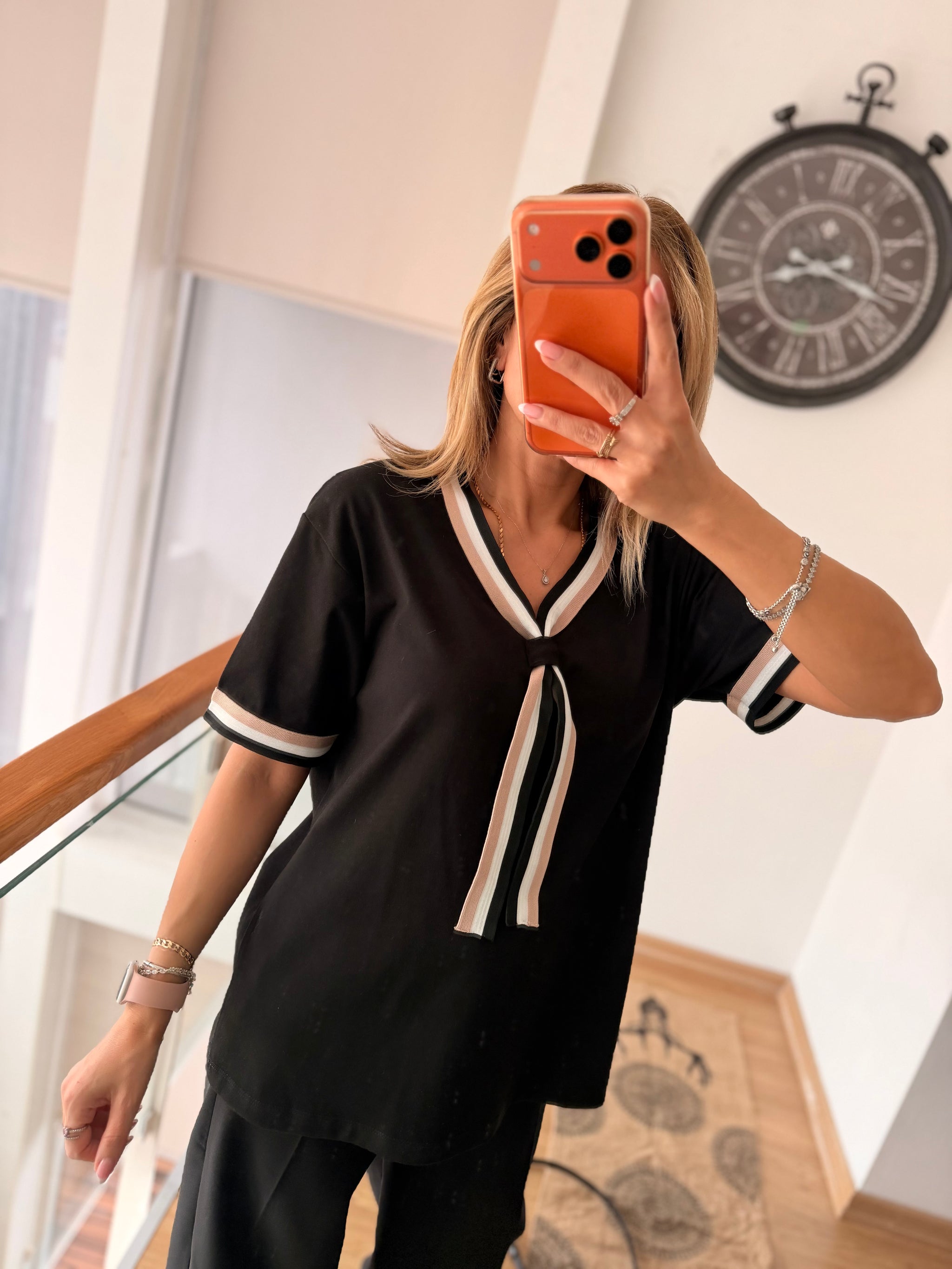 Örme Denizci Yaka Siyah %100 Cotton Tshirt