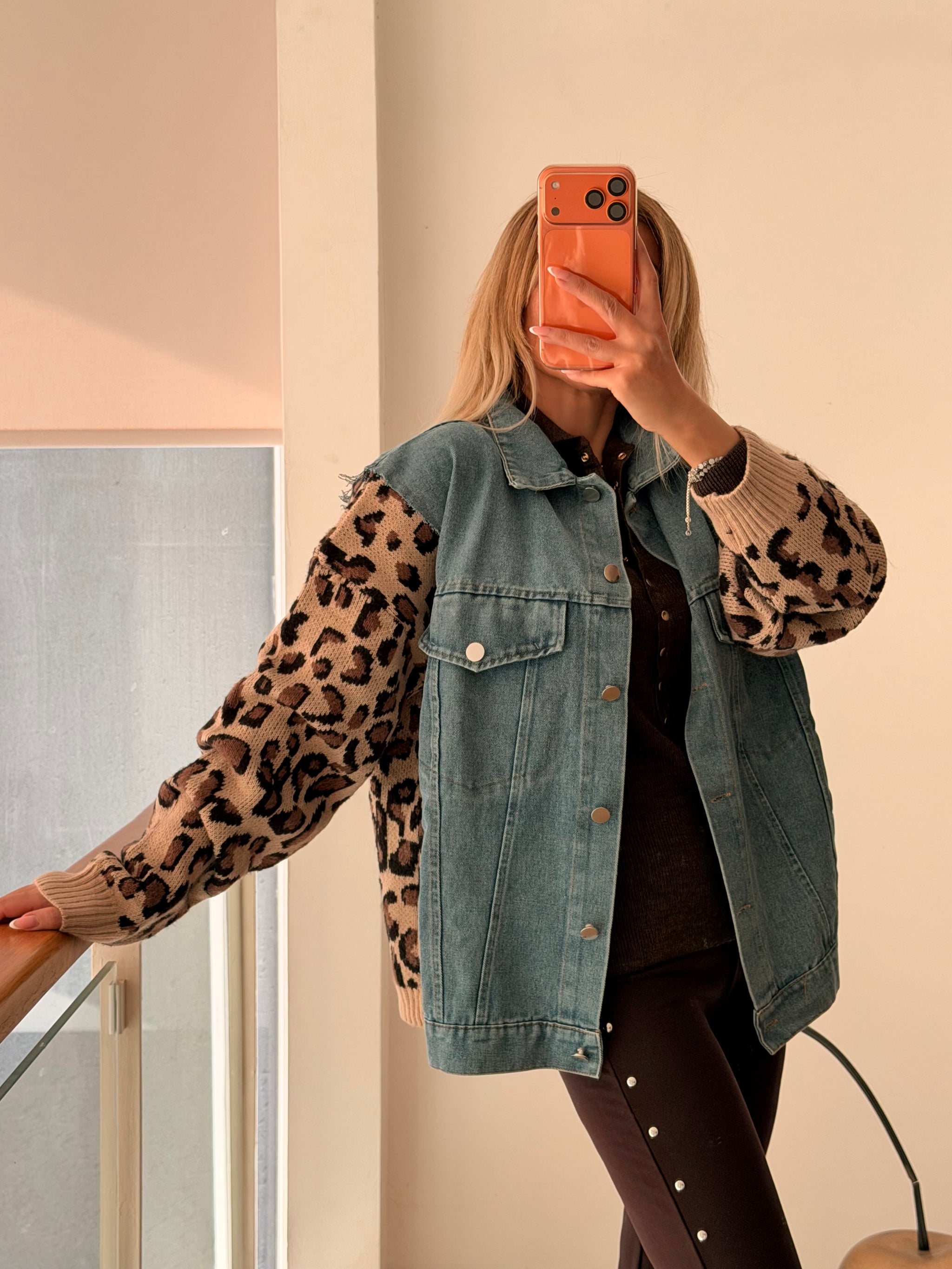 Denim Leopar Kadın Triko Hırka