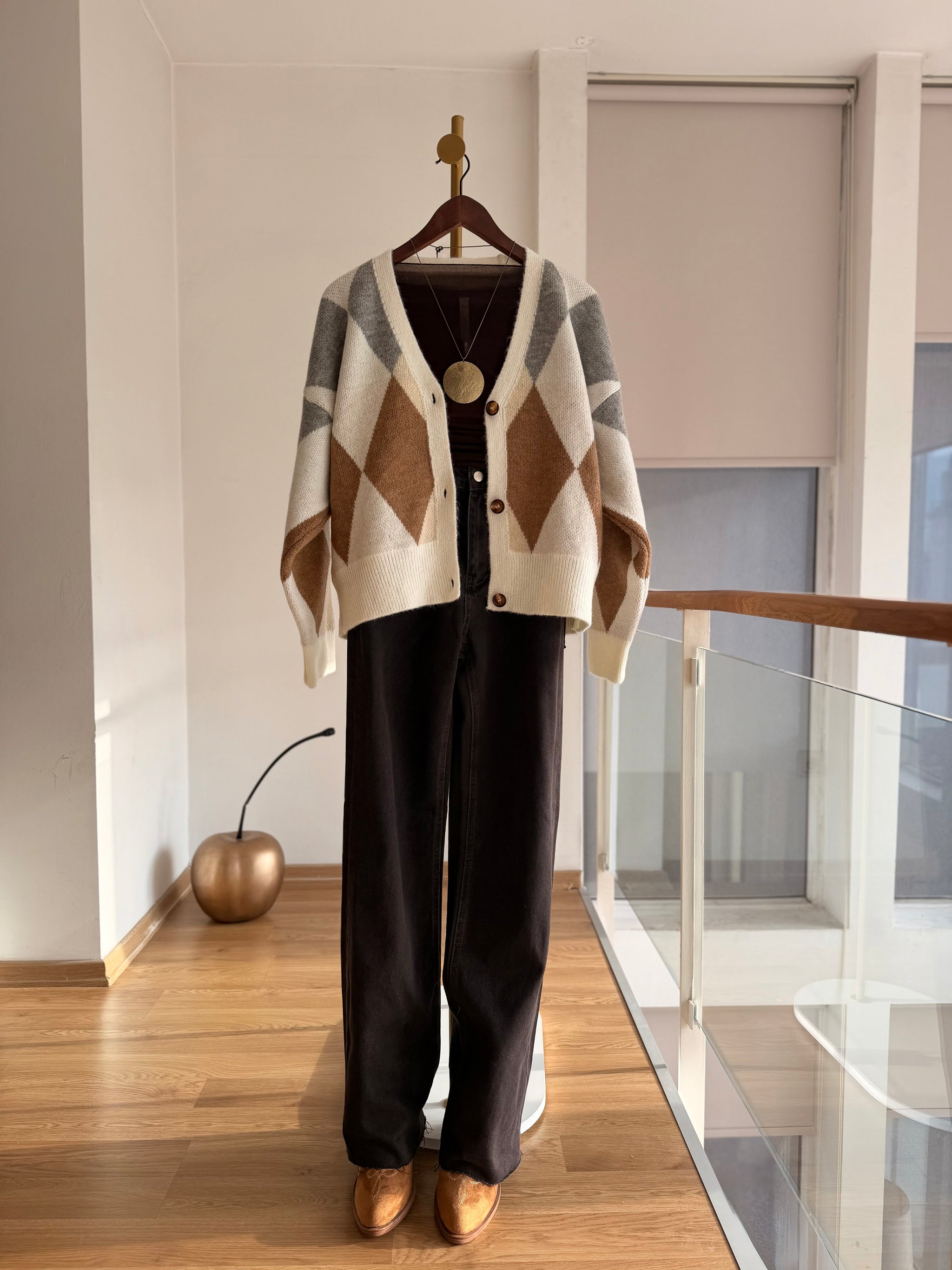 Baklava Desenli Ekru&Bej Kahve Hırka