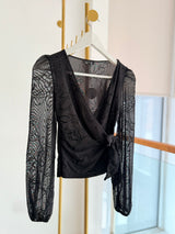 Kruvaze Yaka Bağlamalı Siyah Şifon Bluz