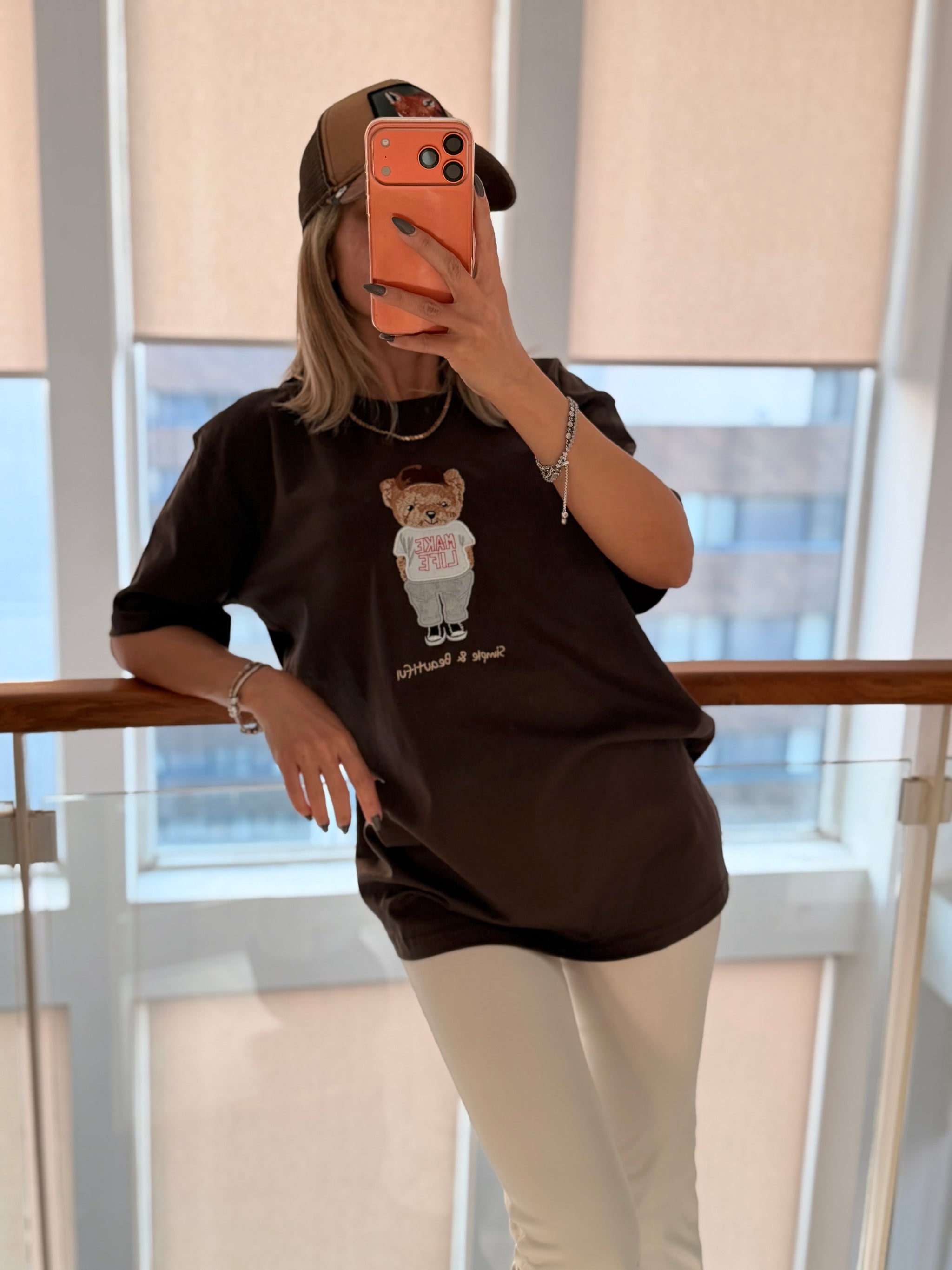 Make Life Bear İşlemeli Acı Kahve Unisex Basic T-shirt