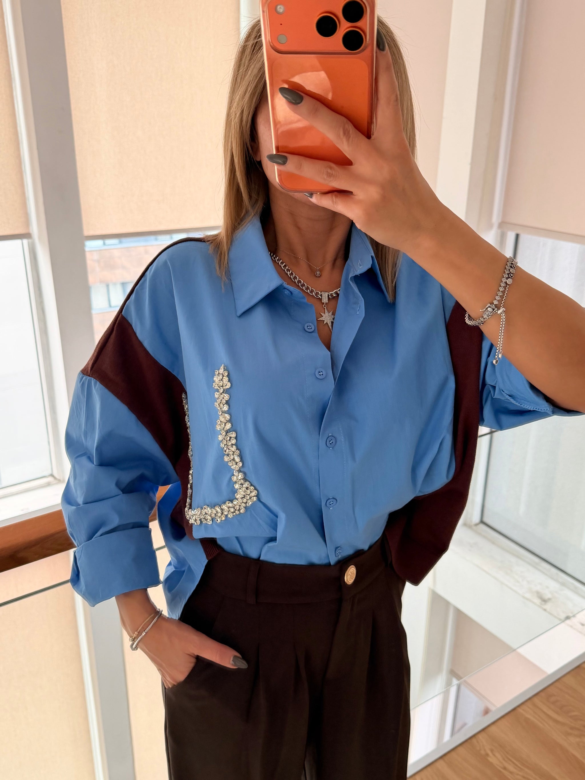 Taş Detaylı Premium Gömlek&Triko Mavi&Kahve