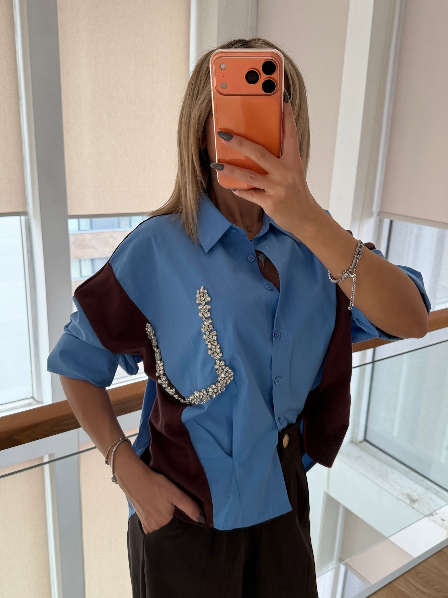 Taş Detaylı Premium Gömlek&Triko Mavi&Kahve