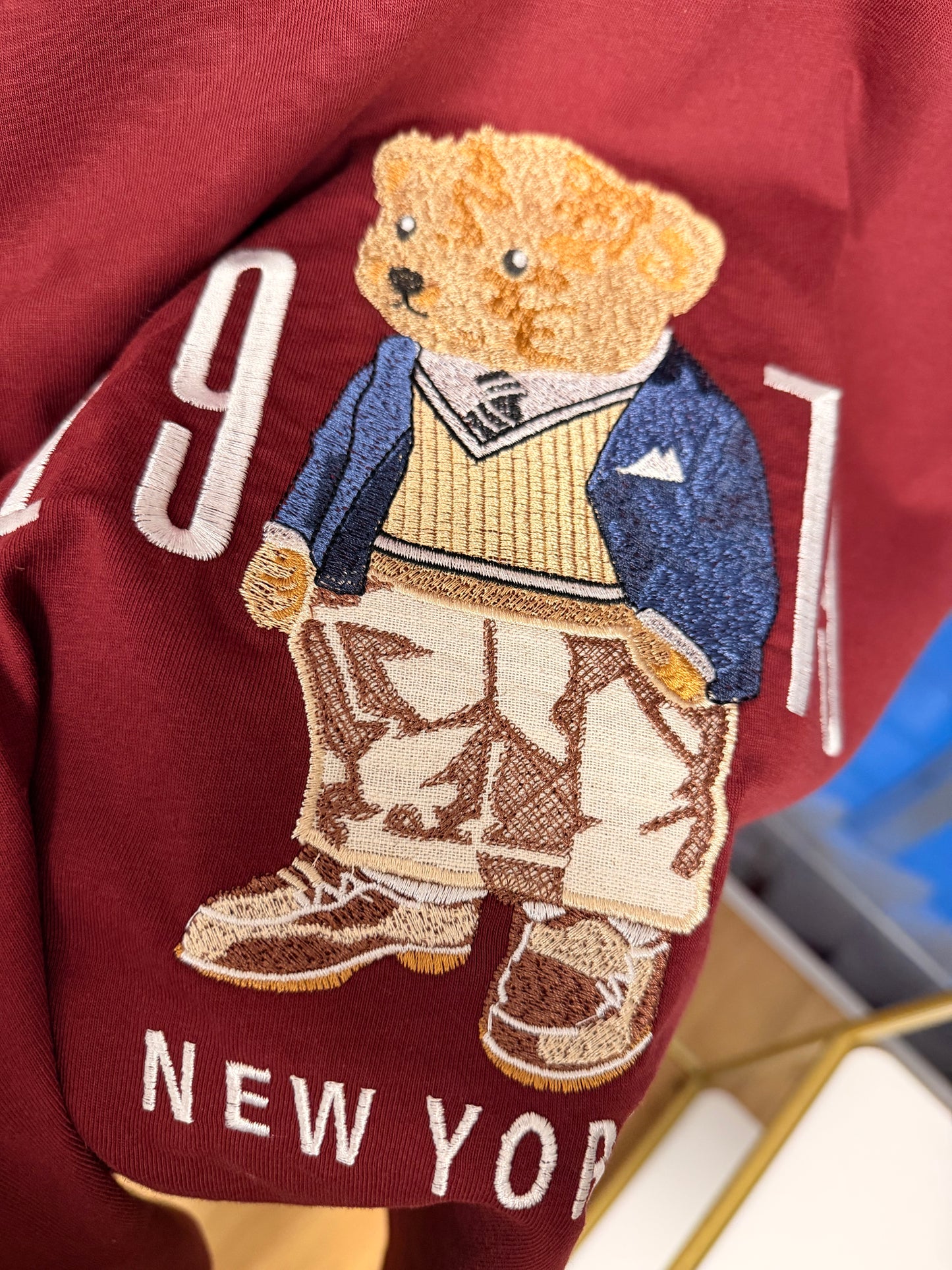 New York Bear İşlemeli Bordo Unisex T-shirt