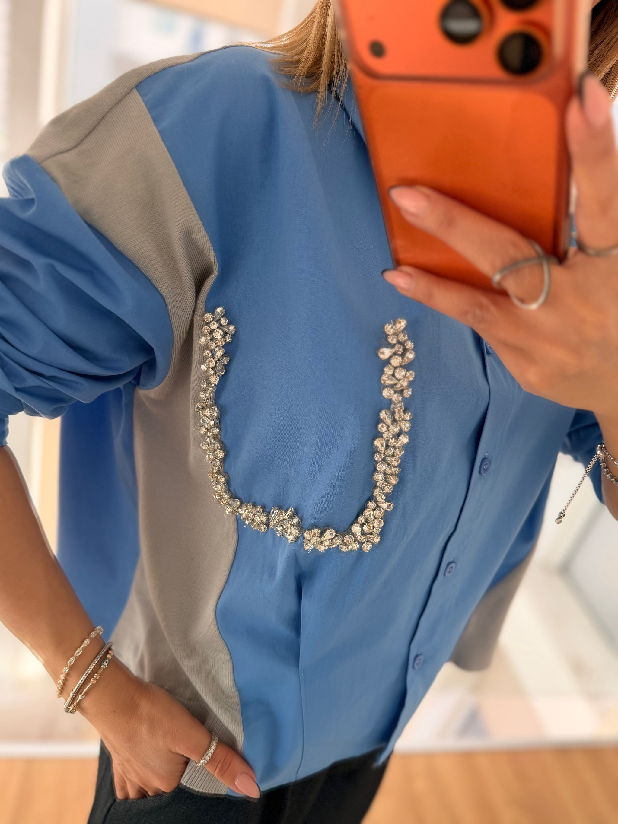 Taş Detaylı Premium Gömlek&Triko Mavi&Gri