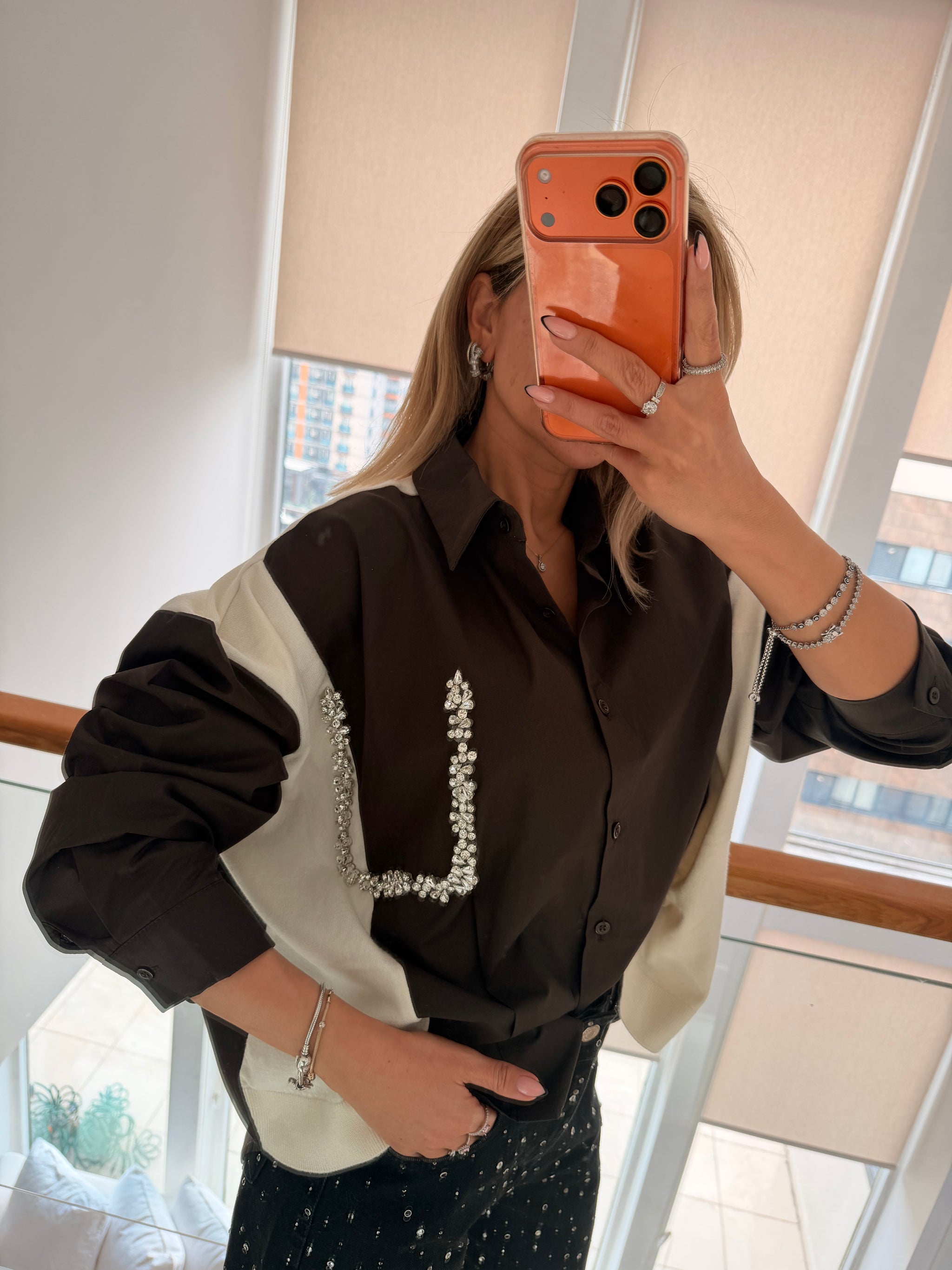 Taş Detaylı Premium Gömlek&Triko Ekru&Kahve