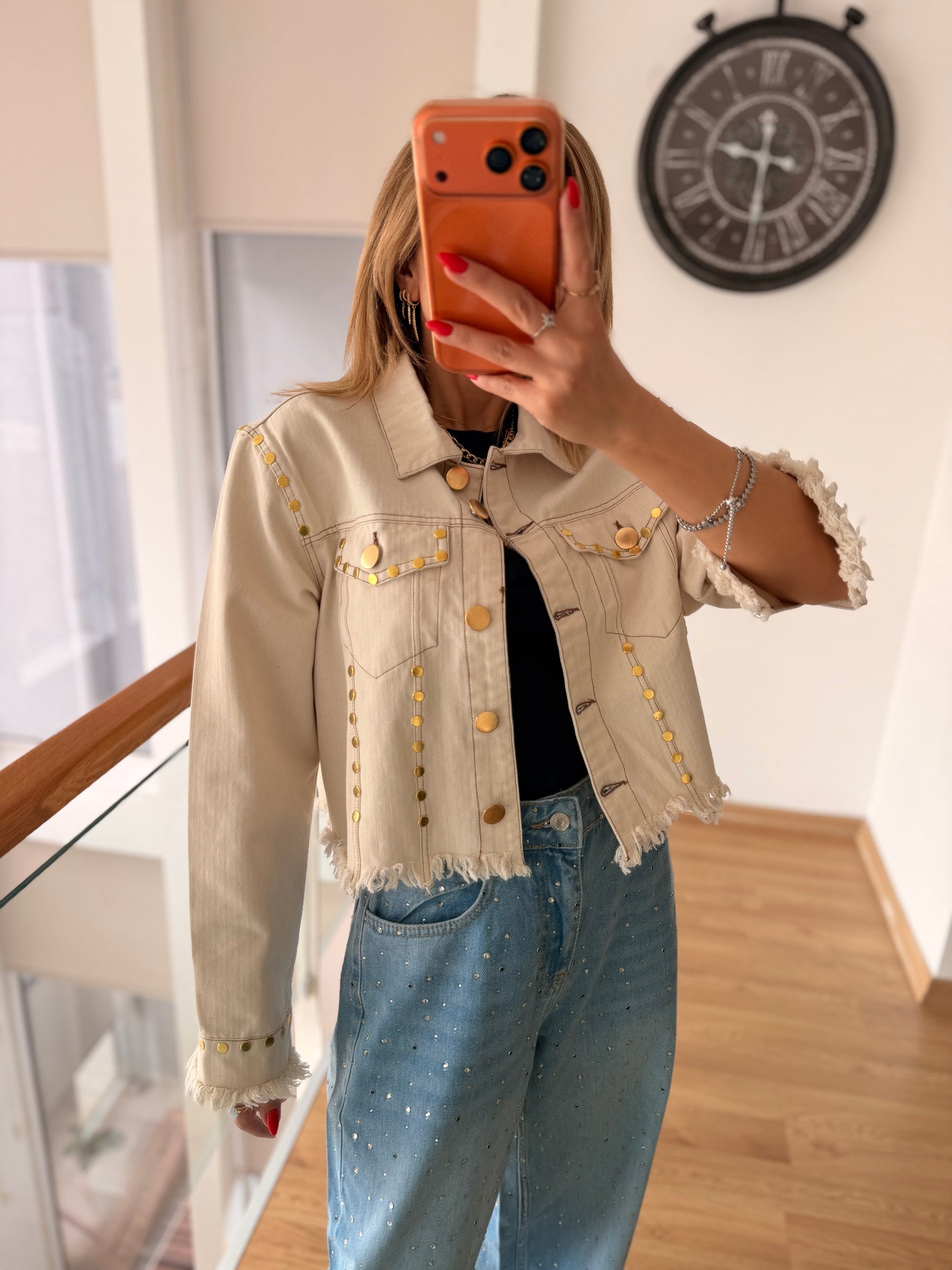 Premium Kısa Jean Ceket Kum Beji