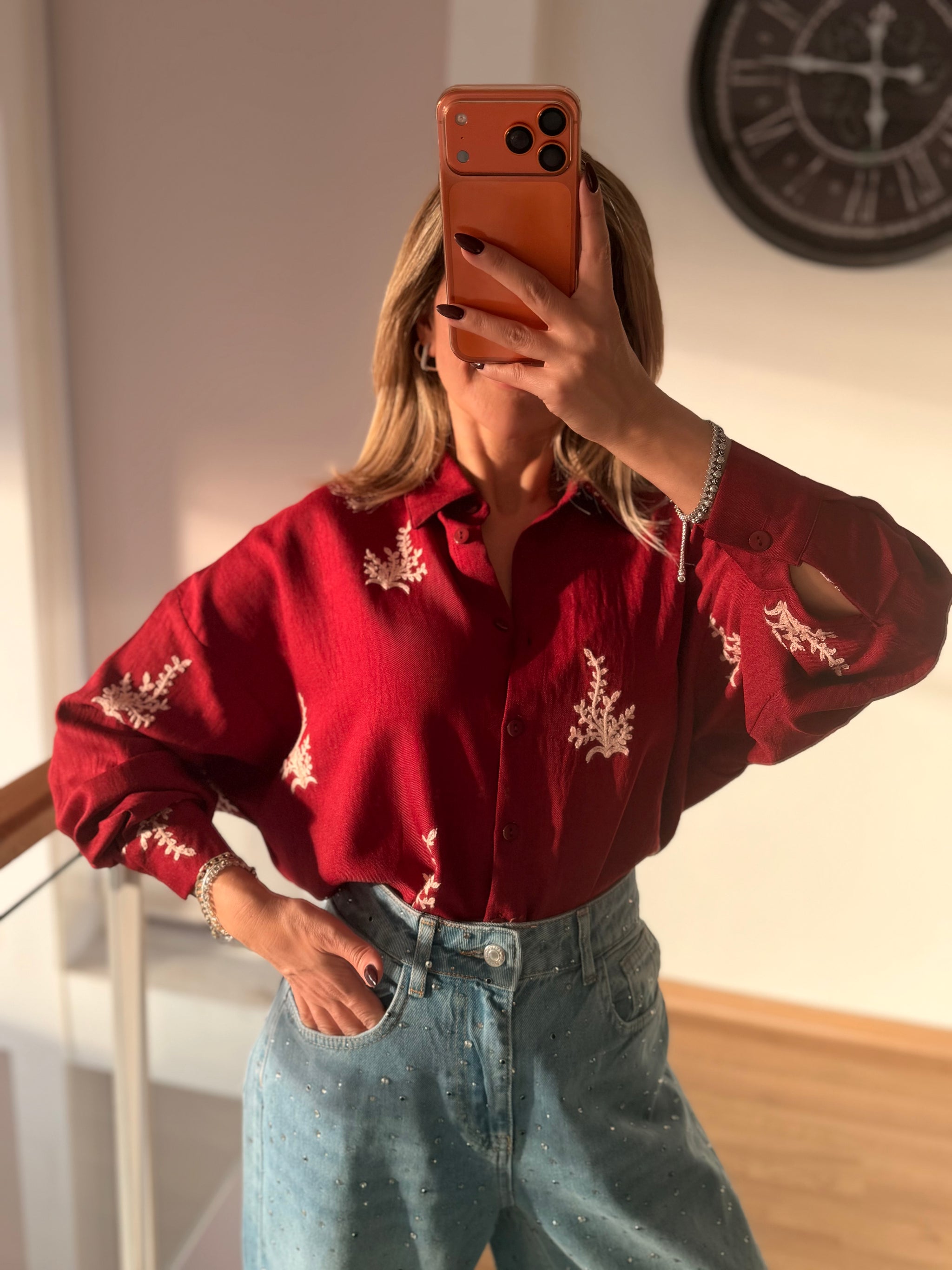 Bordo Nakış İşlemeli Oversize Gömlek