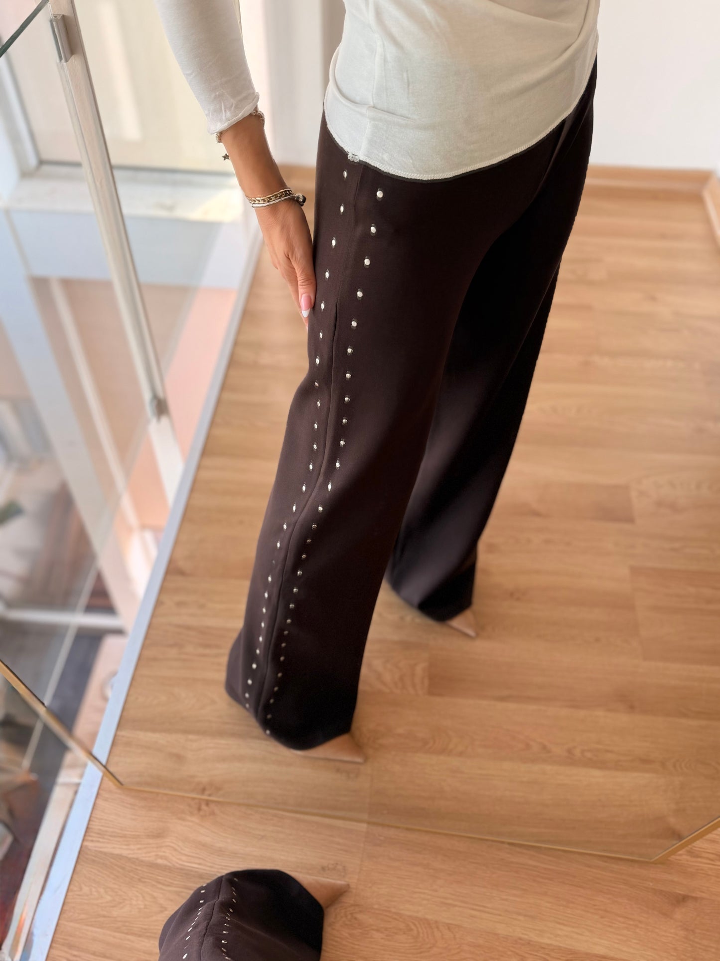 Çift ZımbalıAcı Kahve Likralı Pantolon