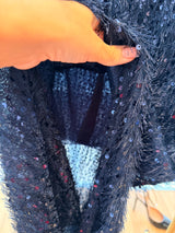 Payetli Uzun Yırtmaçlı Dar Lacivert Etek