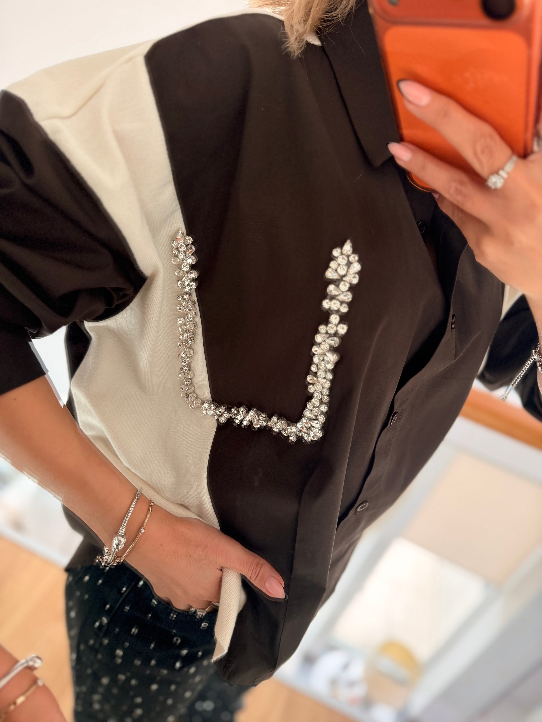 Taş Detaylı Premium Gömlek&Triko Ekru&Kahve