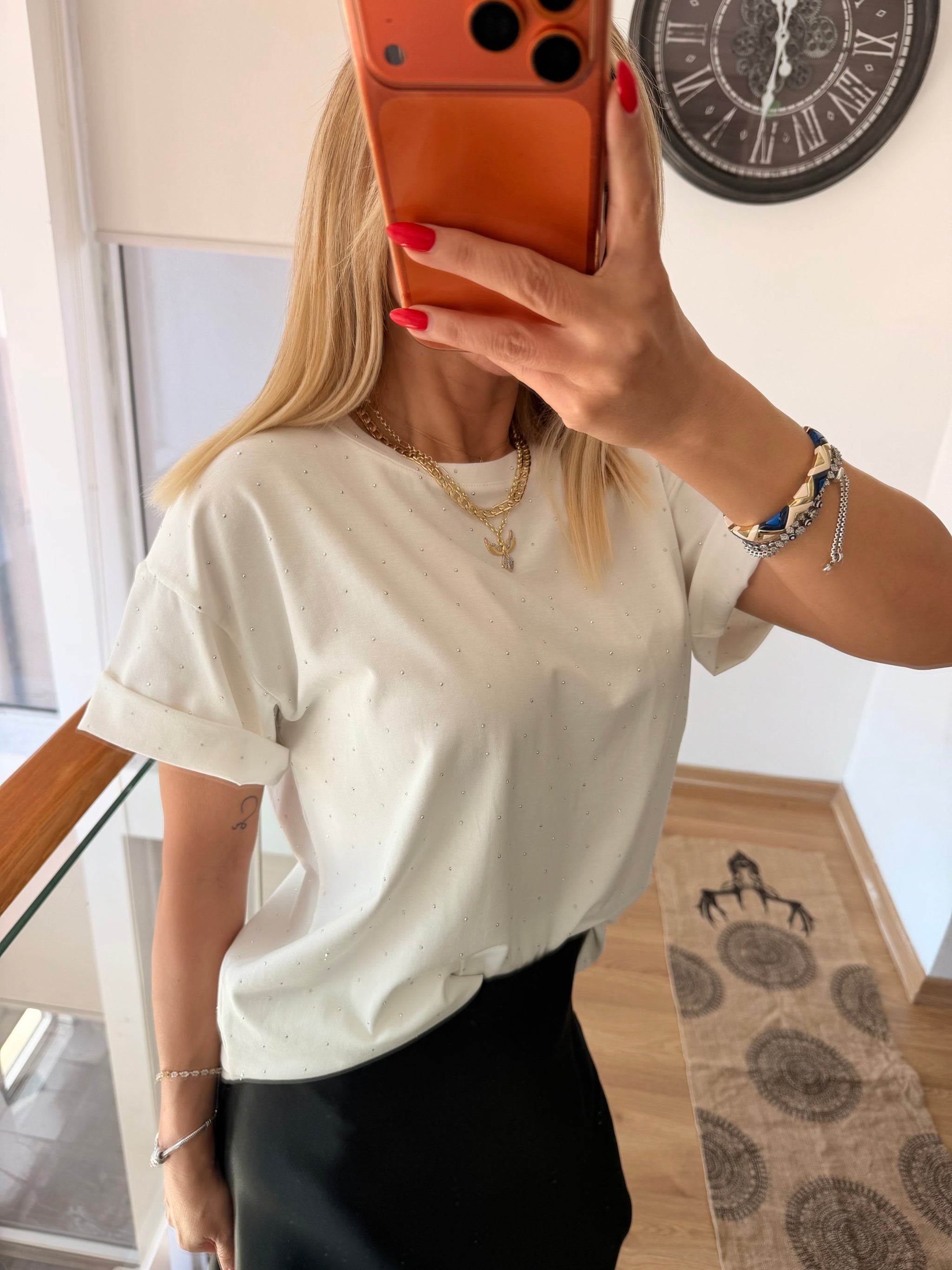 Taşlı Oversize Beyaz %100 Cotton Tshirt