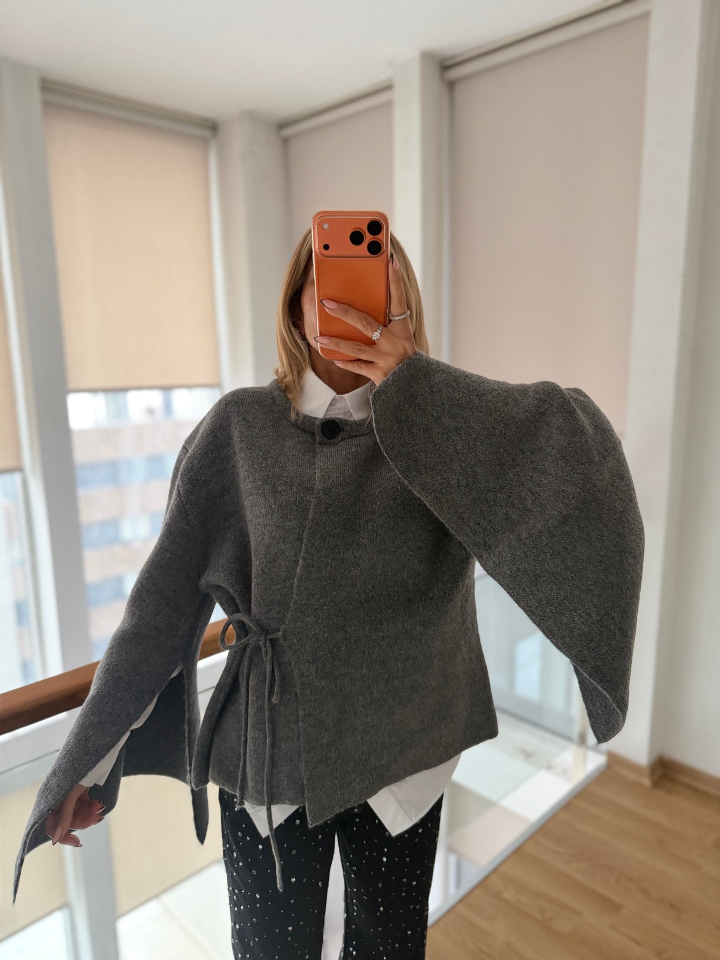 Lueur Concept Yarasa Kol Gri Triko Hırka&Ceket