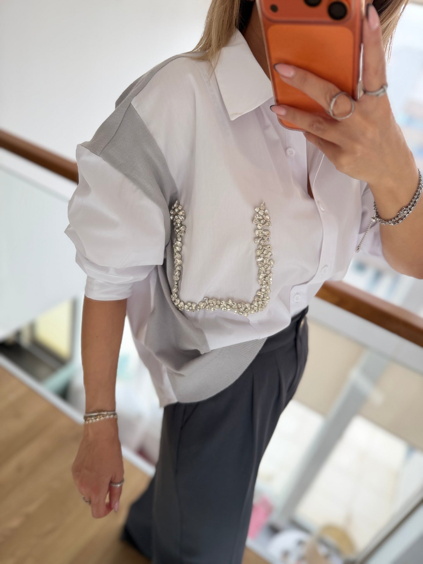 Taş Detaylı Premium Gömlek&Triko Beyaz&Gri