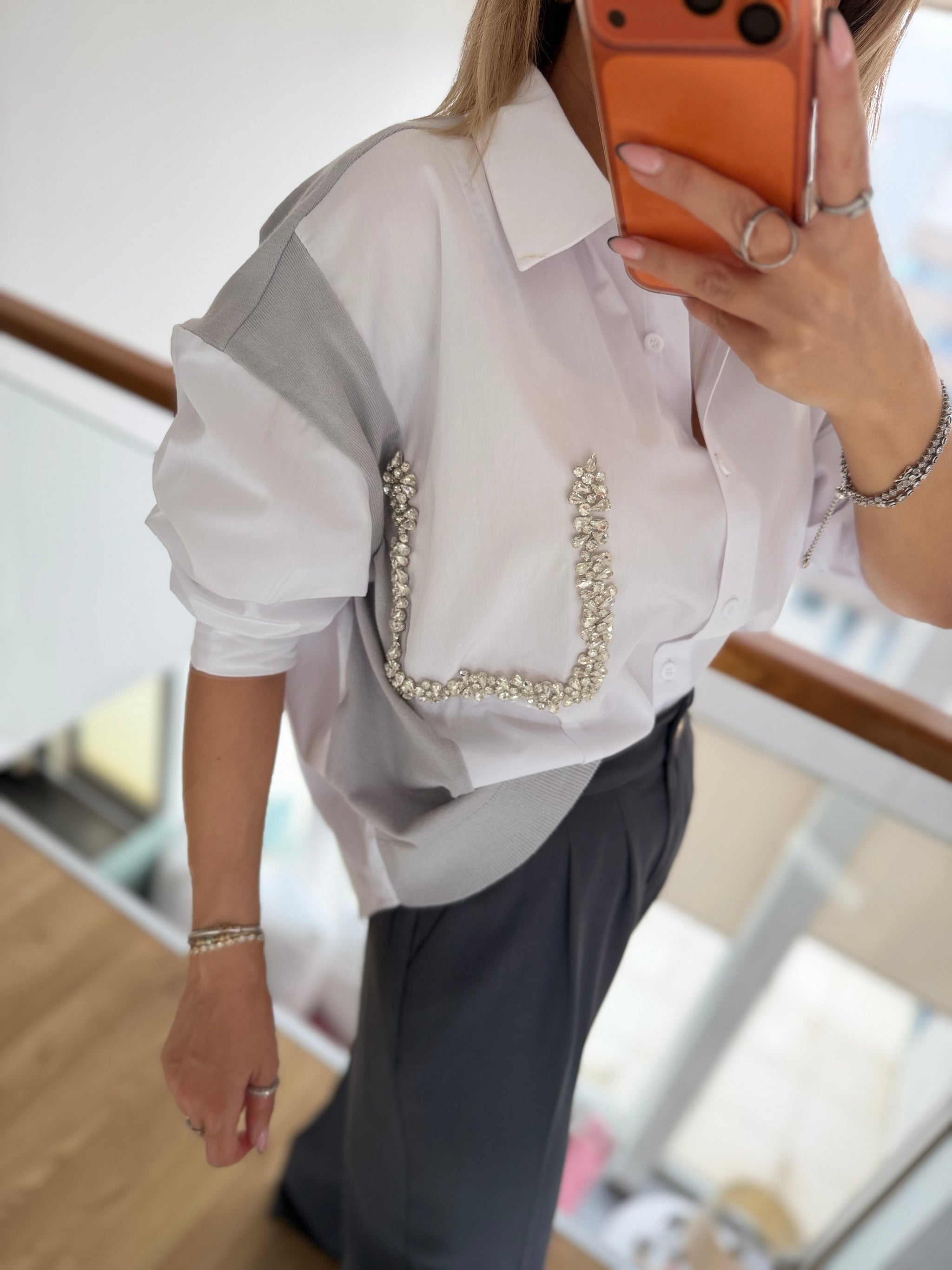 Taş Detaylı Premium Gömlek&Triko Beyaz&Gri