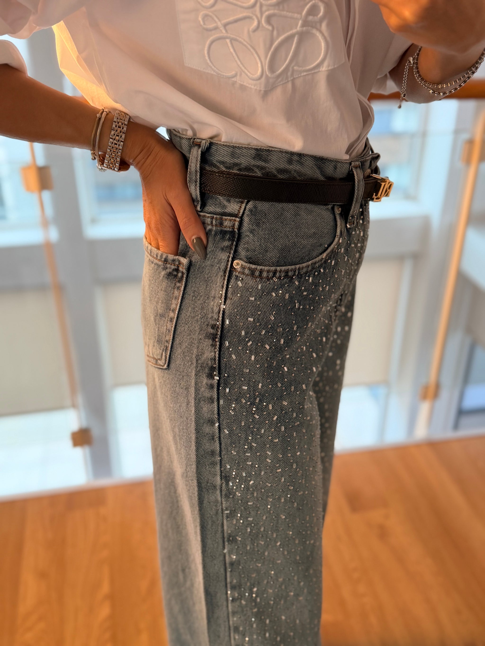 Baget Taşlı Yüksek Bel Palazzo Jean