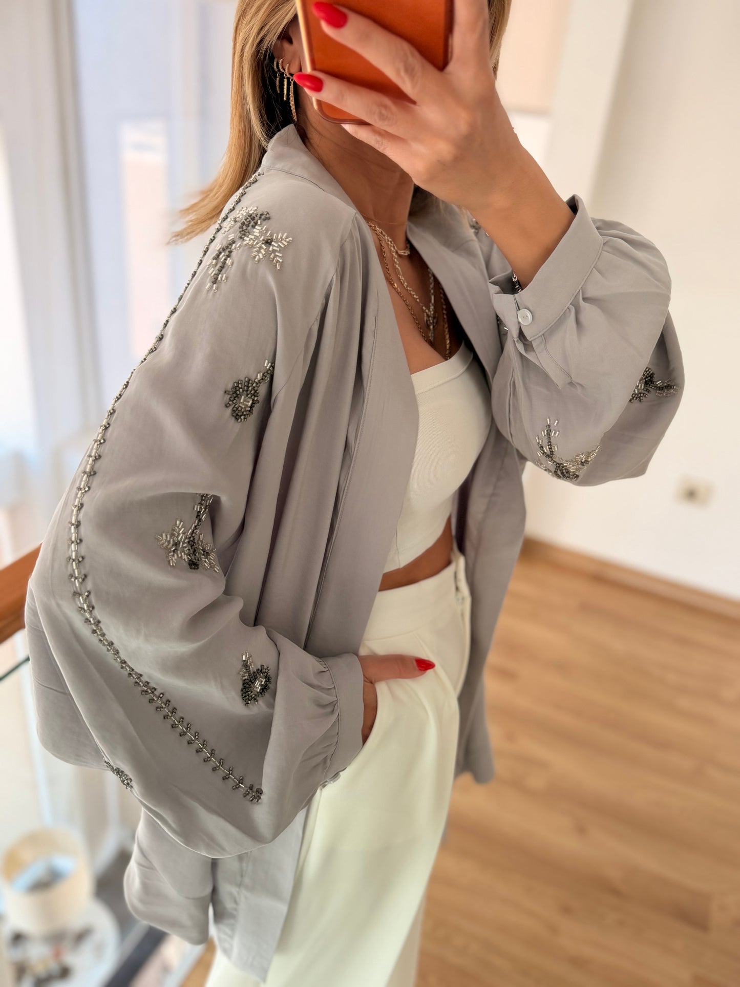 İşlemeli Pamuk Saten Kimono