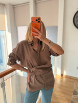 Gold Detaylı Premium Pamuklu Tencel Pastel Kahve Gömlek
