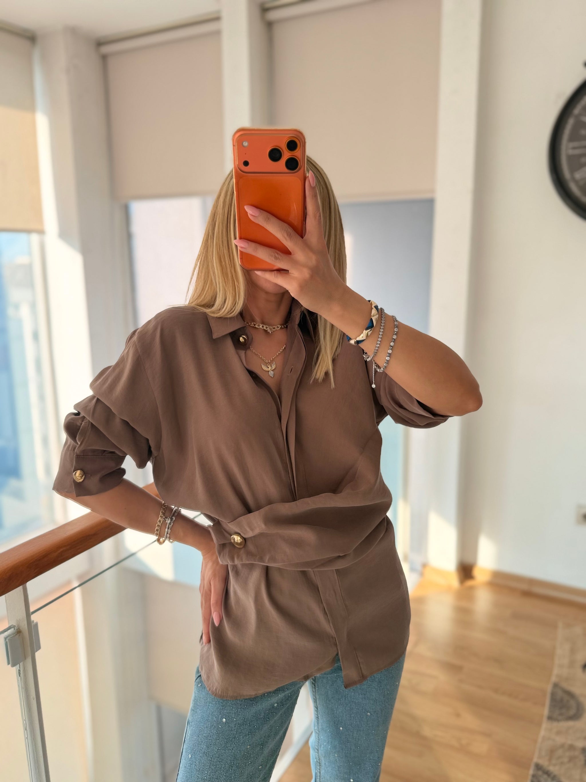 Gold Detaylı Premium Pamuklu Tencel Pastel Kahve Gömlek