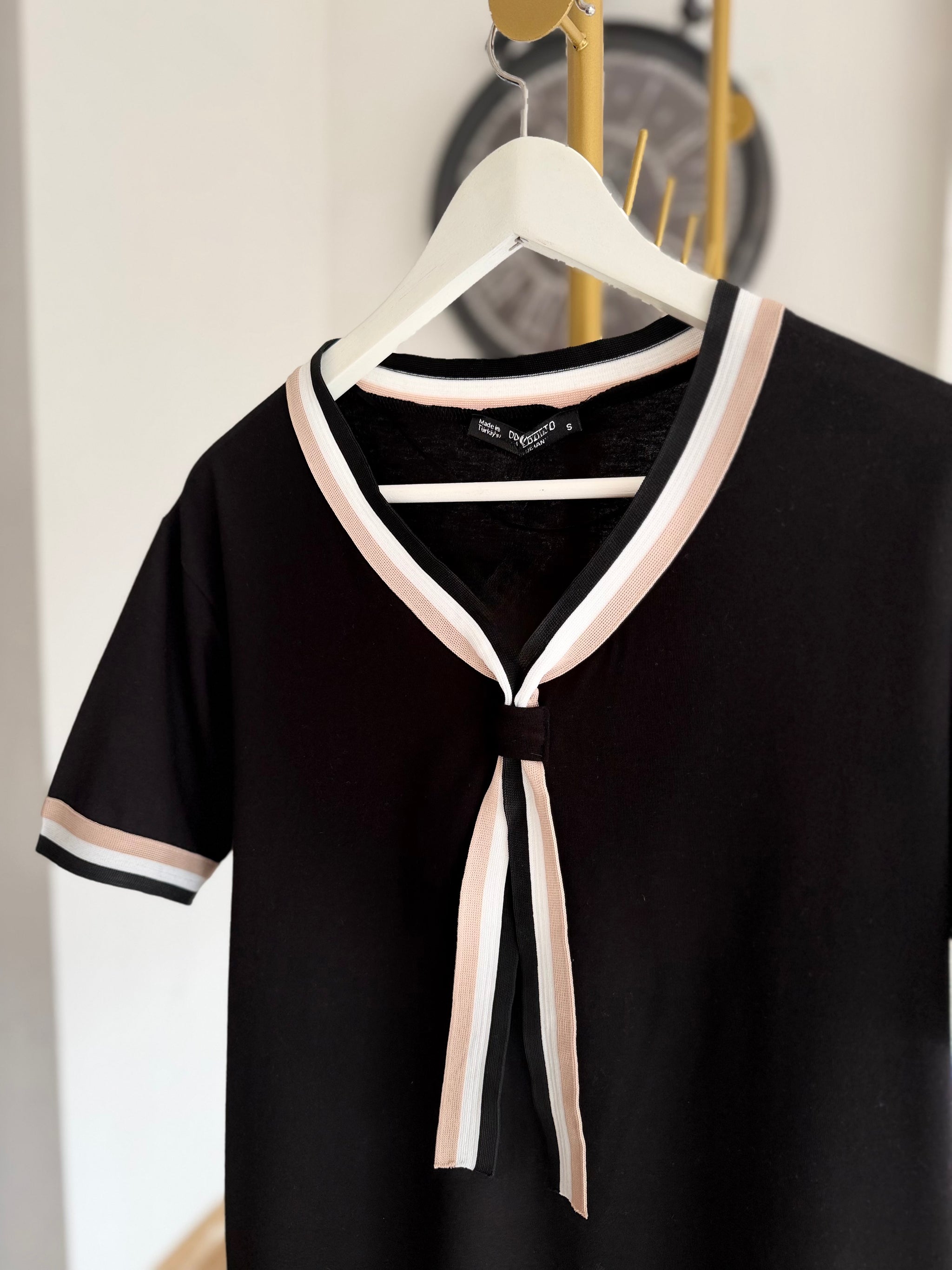Örme Denizci Yaka Siyah %100 Cotton Tshirt