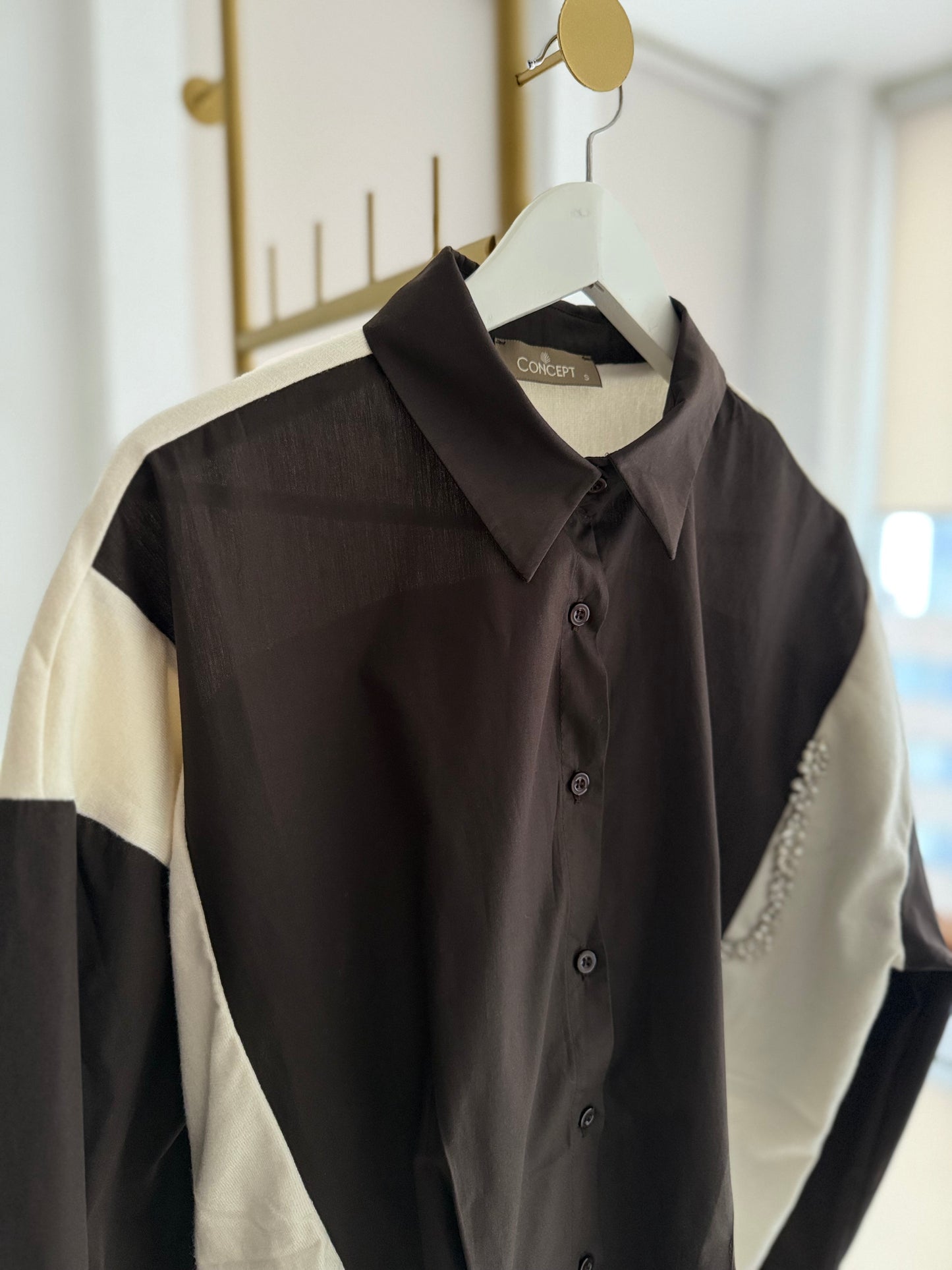 Taş Detaylı Premium Gömlek&Triko Ekru&Kahve