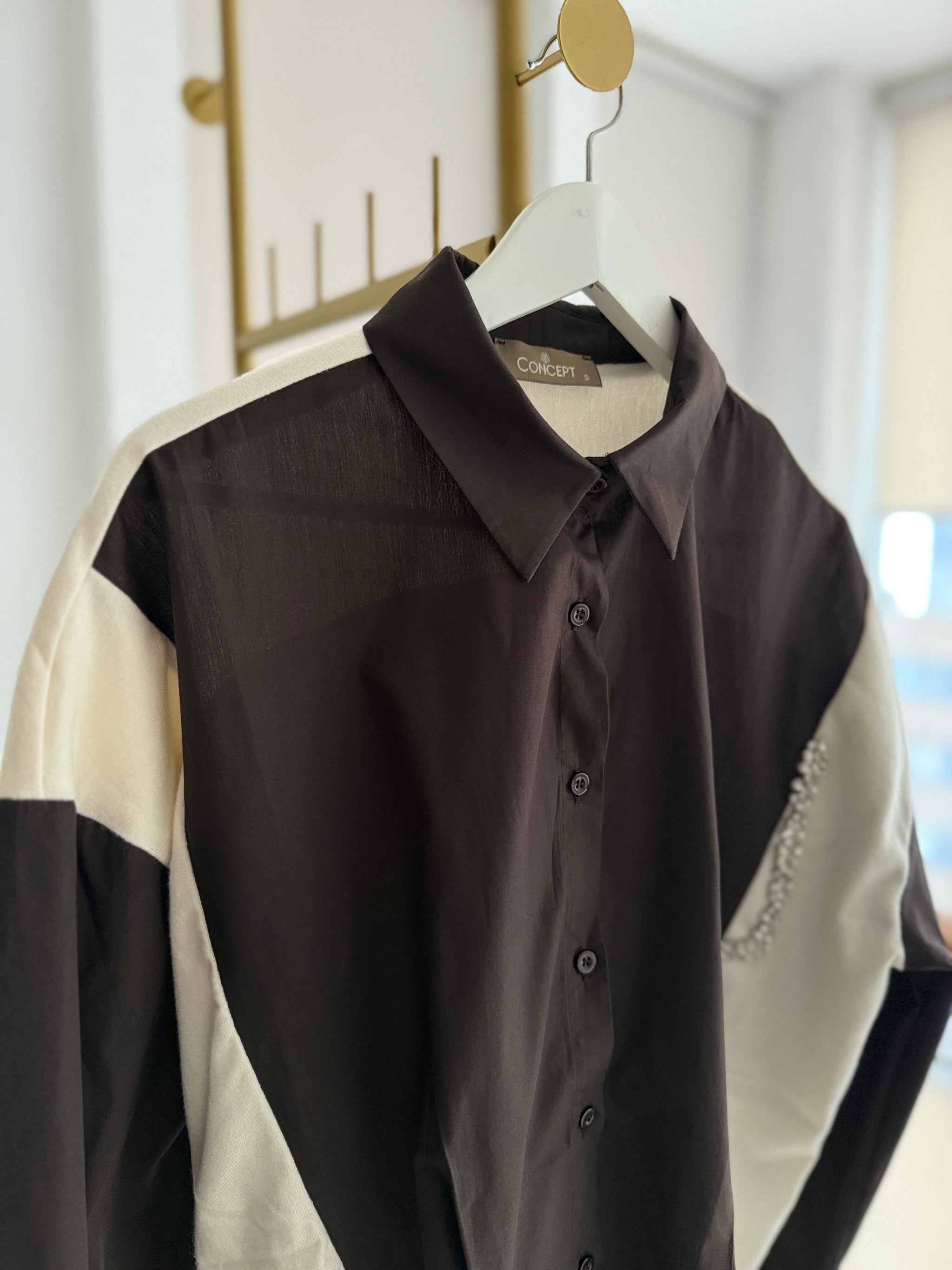 Taş Detaylı Premium Gömlek&Triko Ekru&Kahve