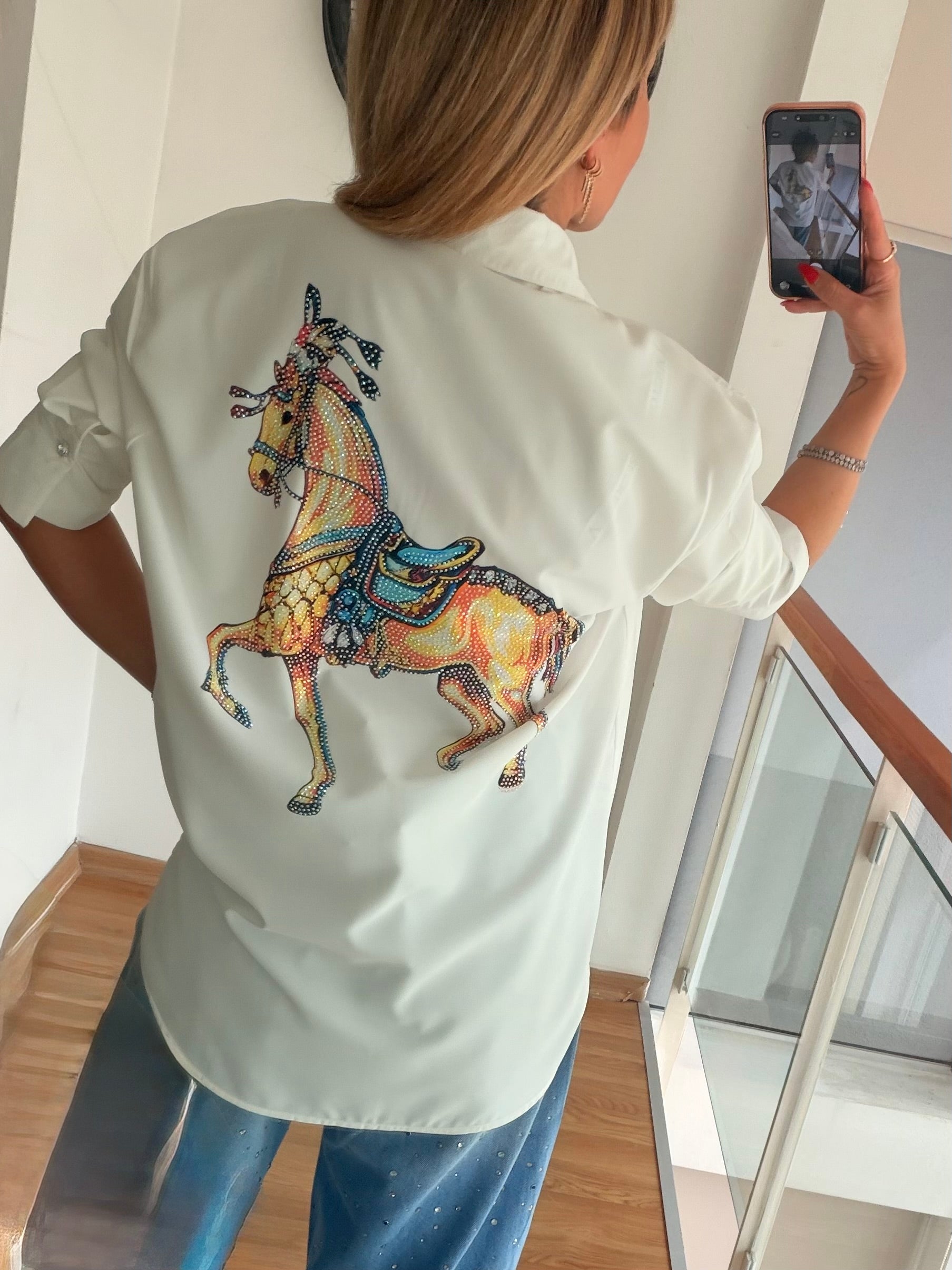 Taşlı Horse Tasarım İpek Saten Gömlek