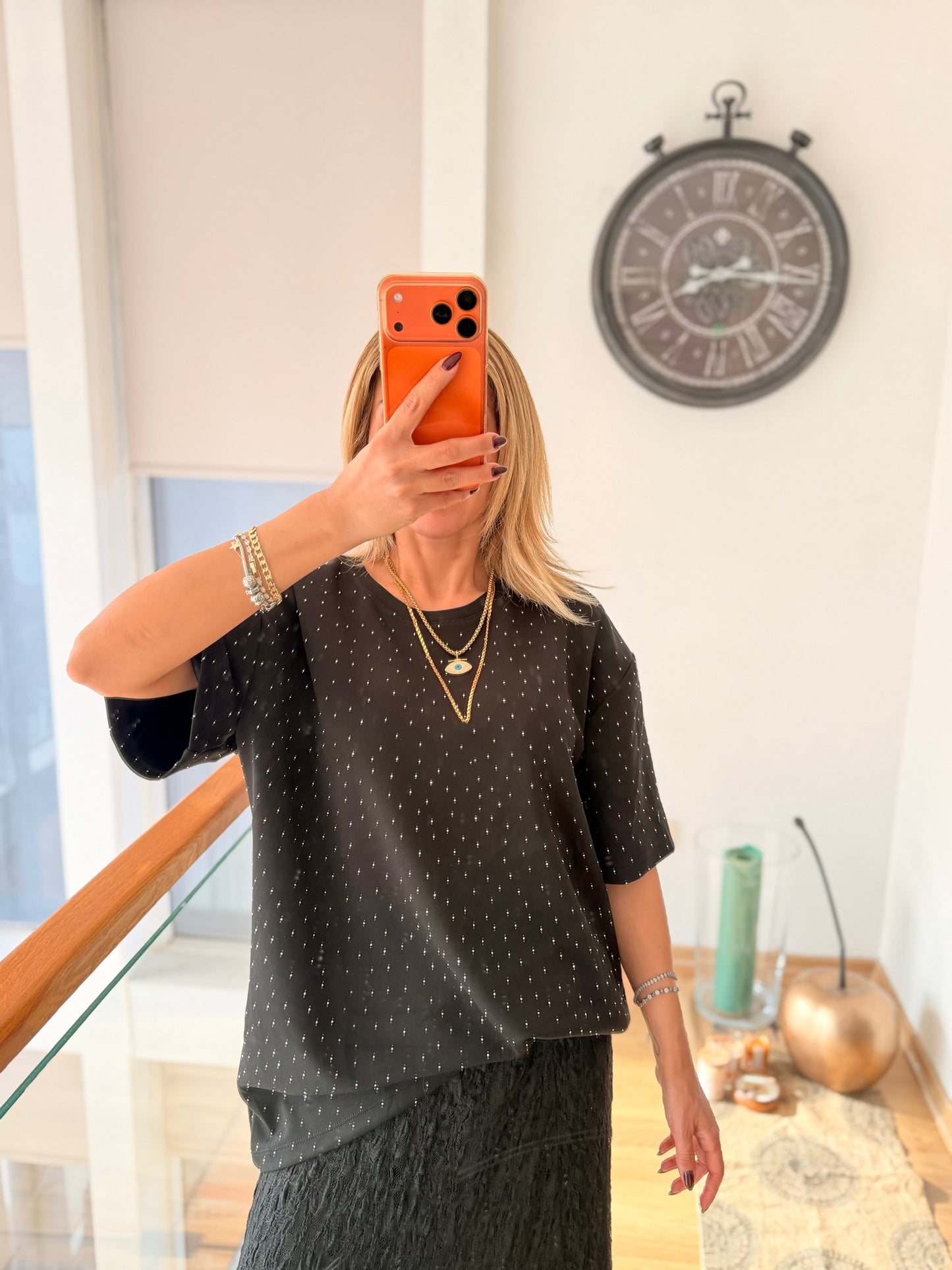 Taşlı Oversize Siyah %100 Cotton Tshirt
